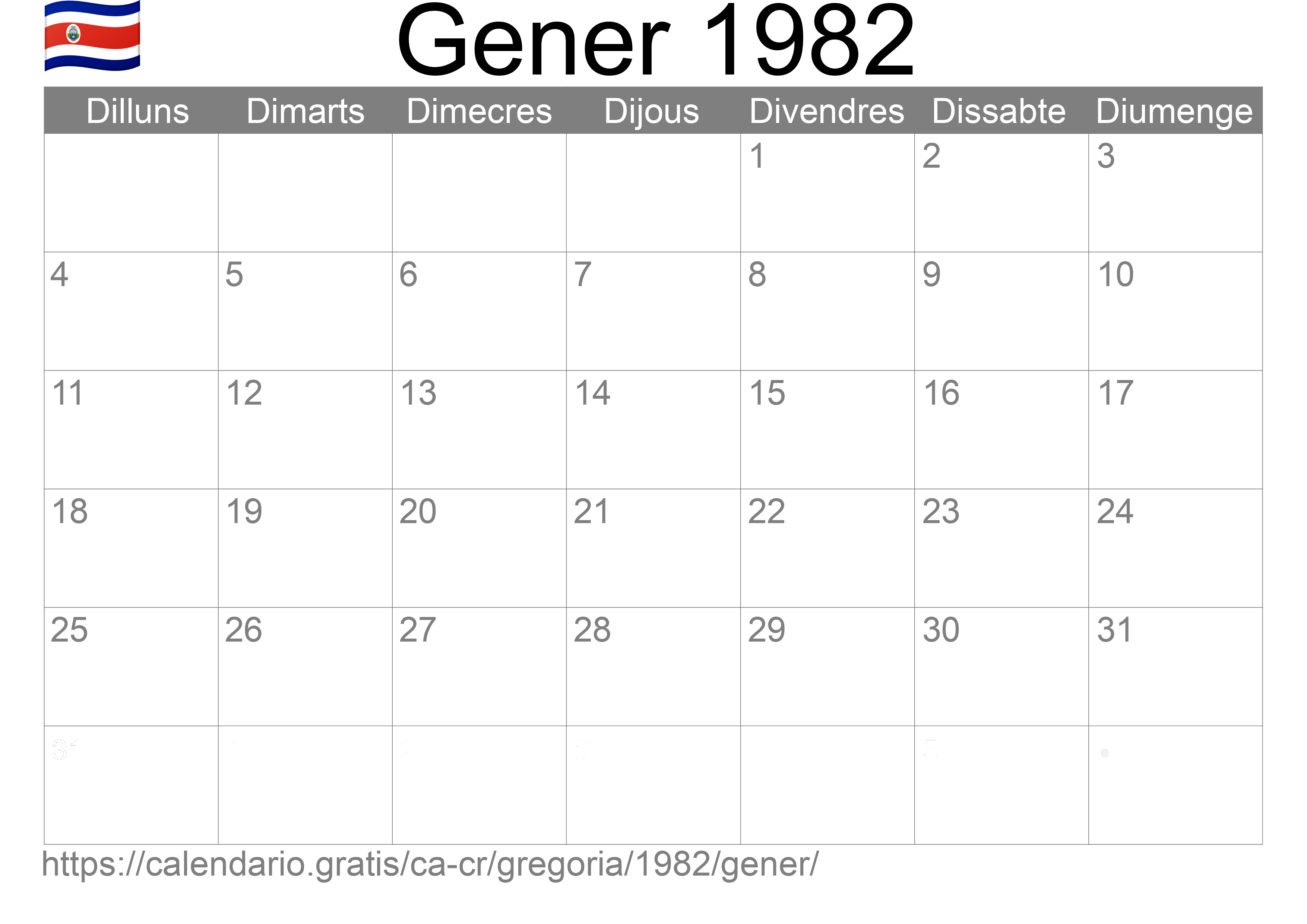 Calendari Gener 1982 per imprimir