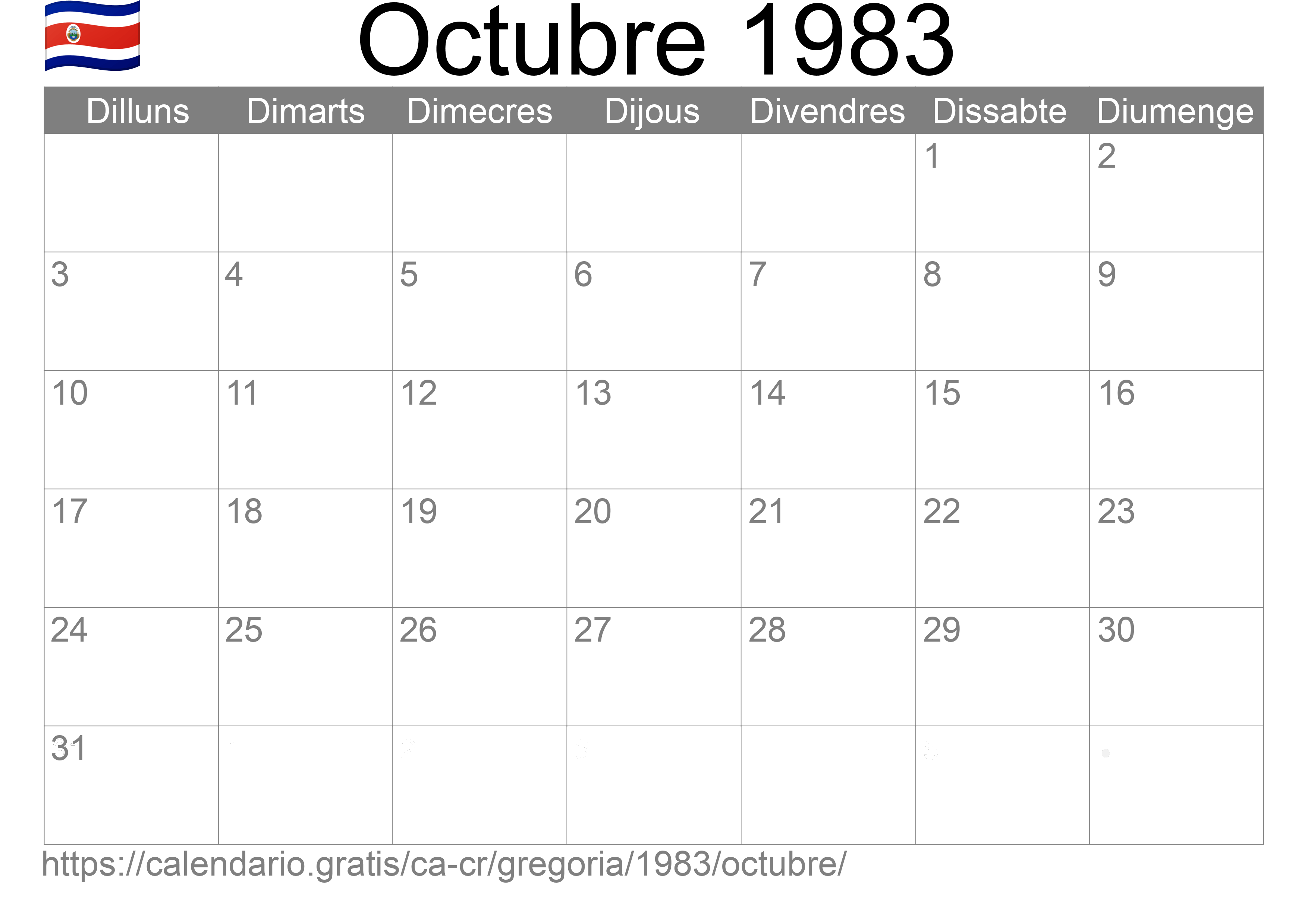 Calendari Octubre 1983 per imprimir