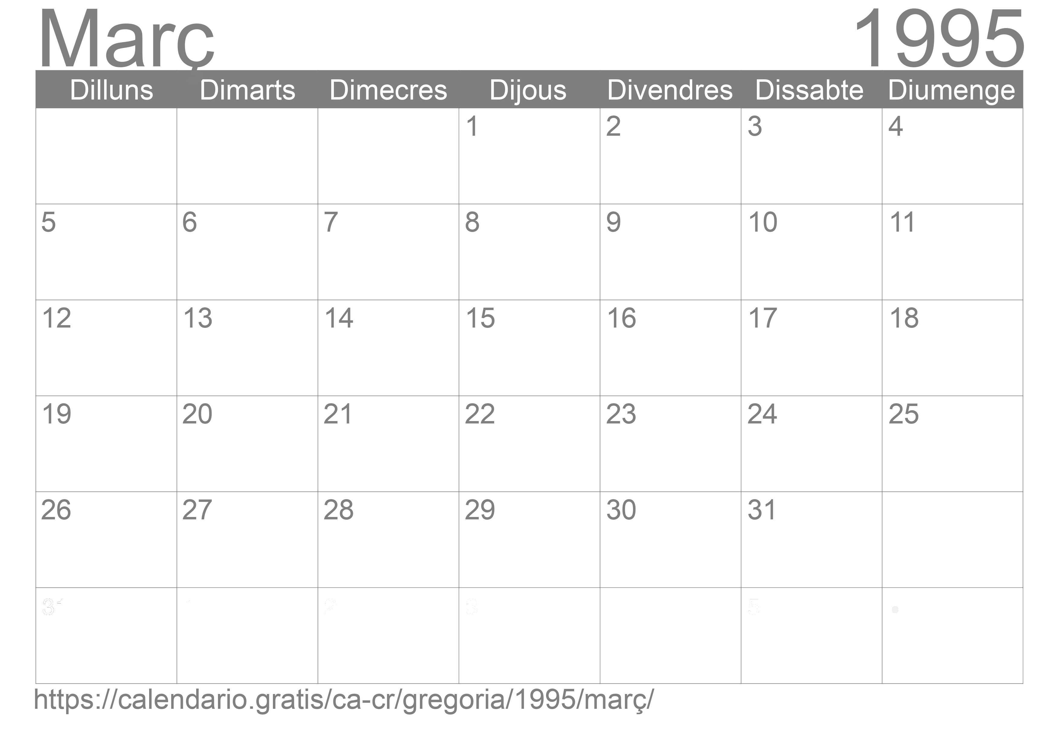 Calendari Març 1995 per imprimir