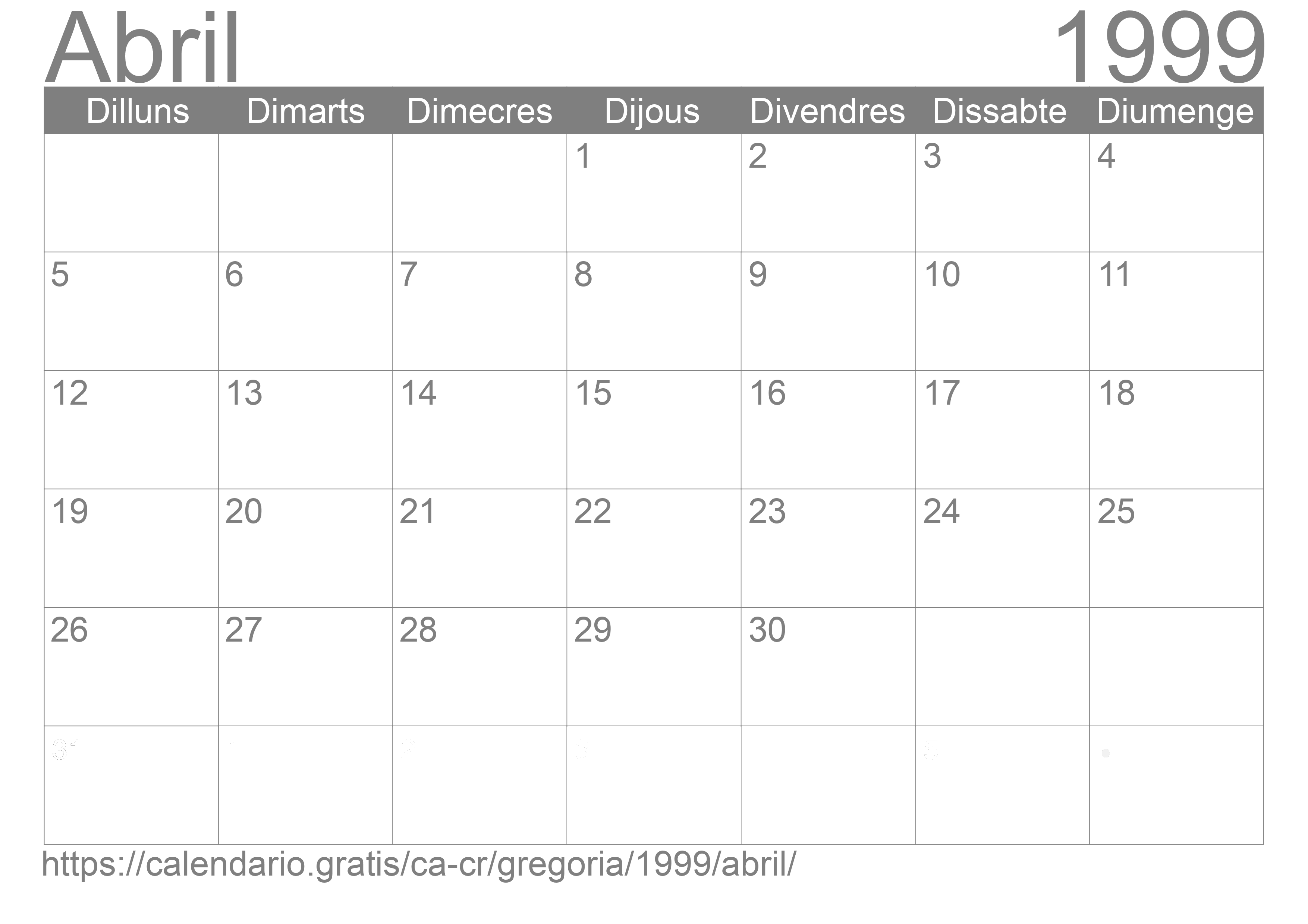 Calendari Abril 1999 per imprimir