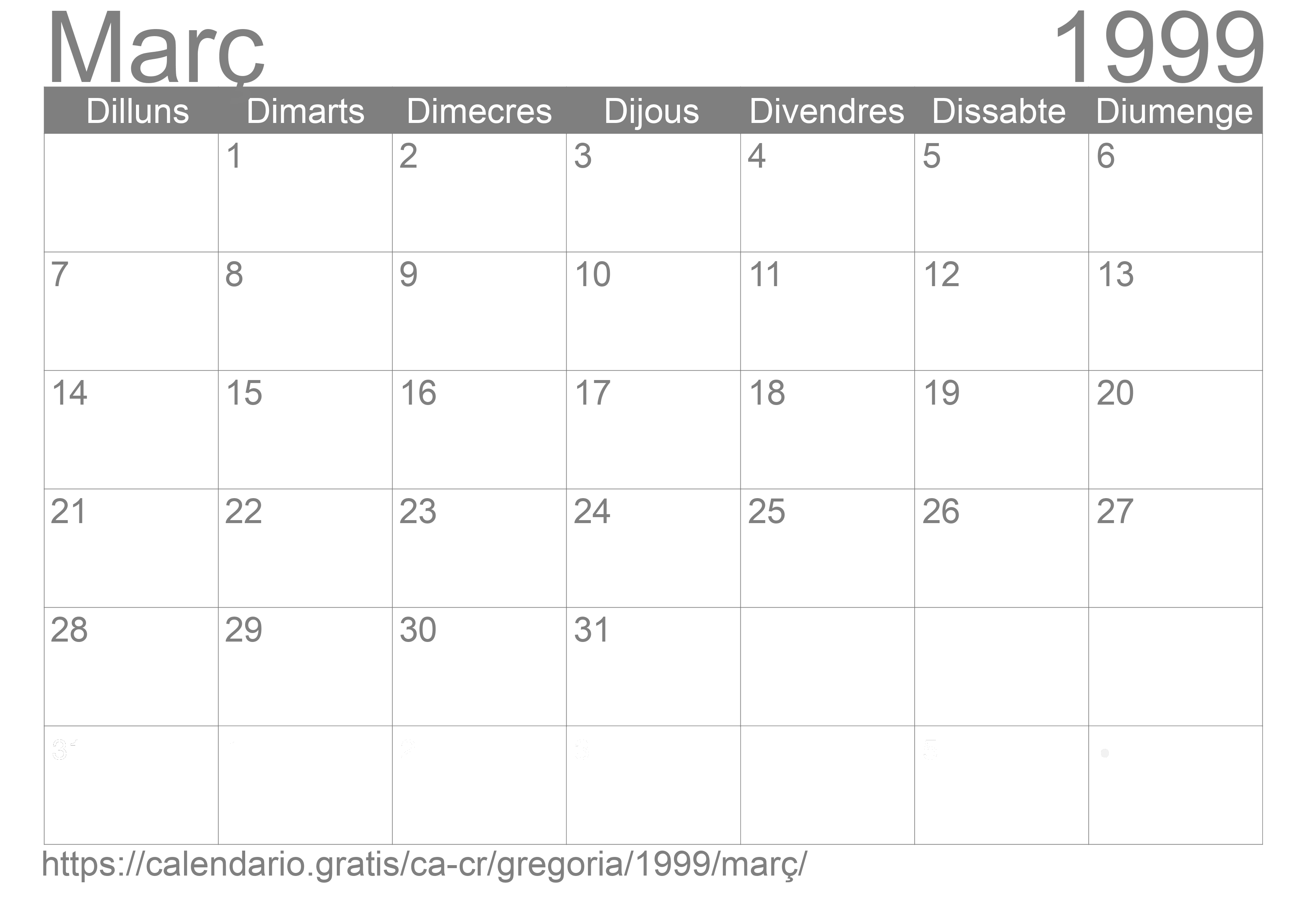 Calendari Març 1999 per imprimir