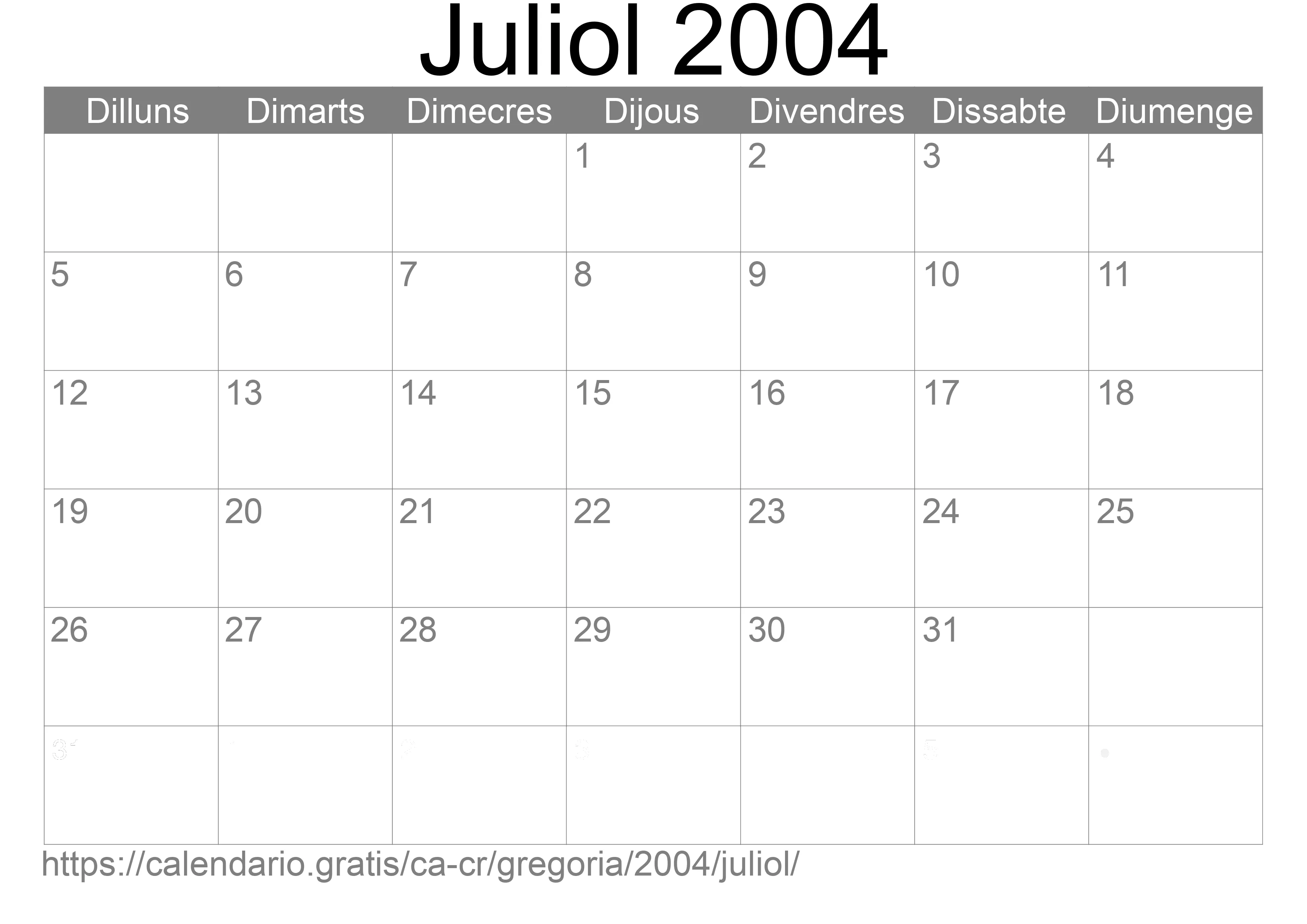 Calendari Juliol 2004 per imprimir (Costa Rica)