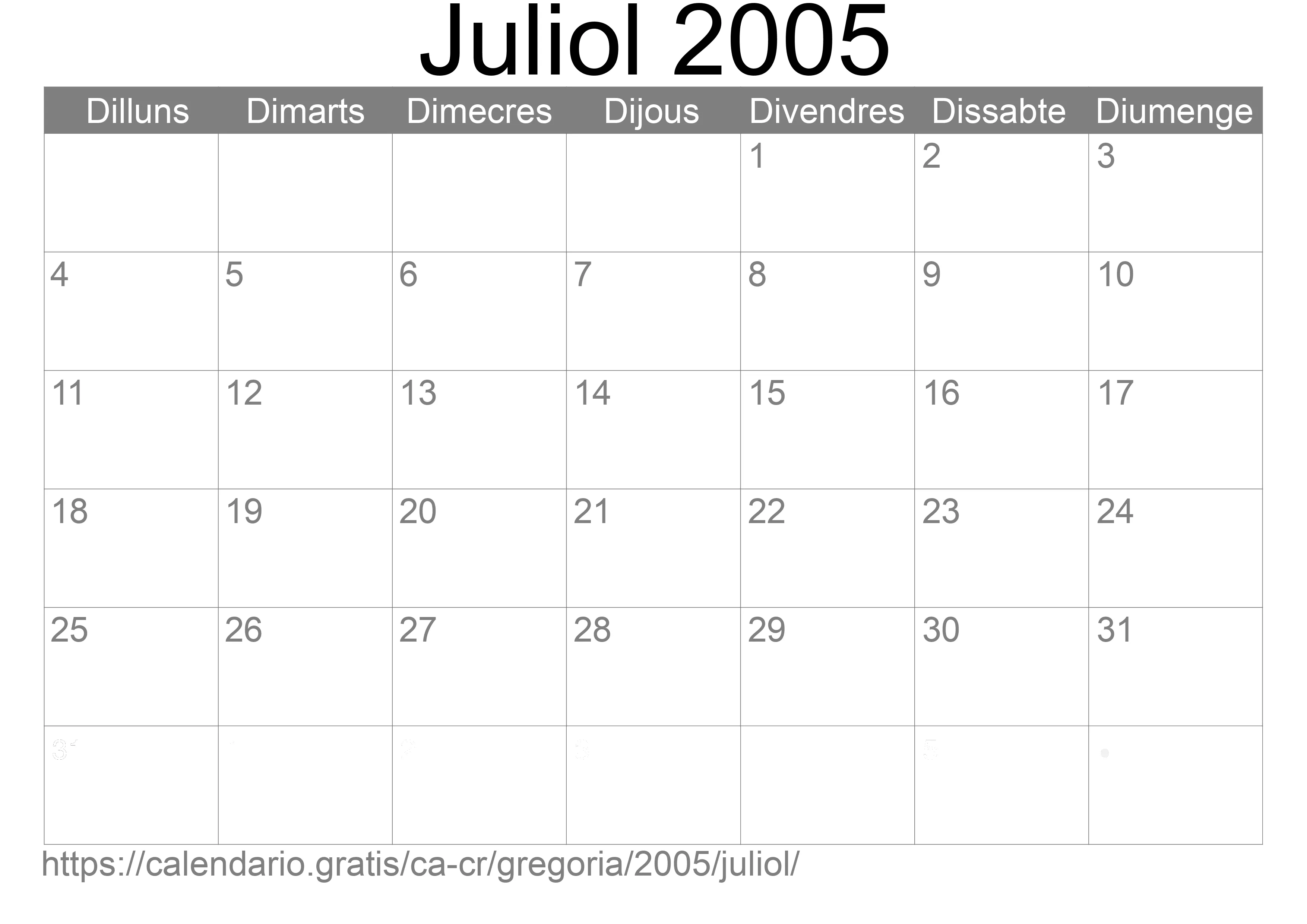 Calendari Juliol 2005 per imprimir (Costa Rica)