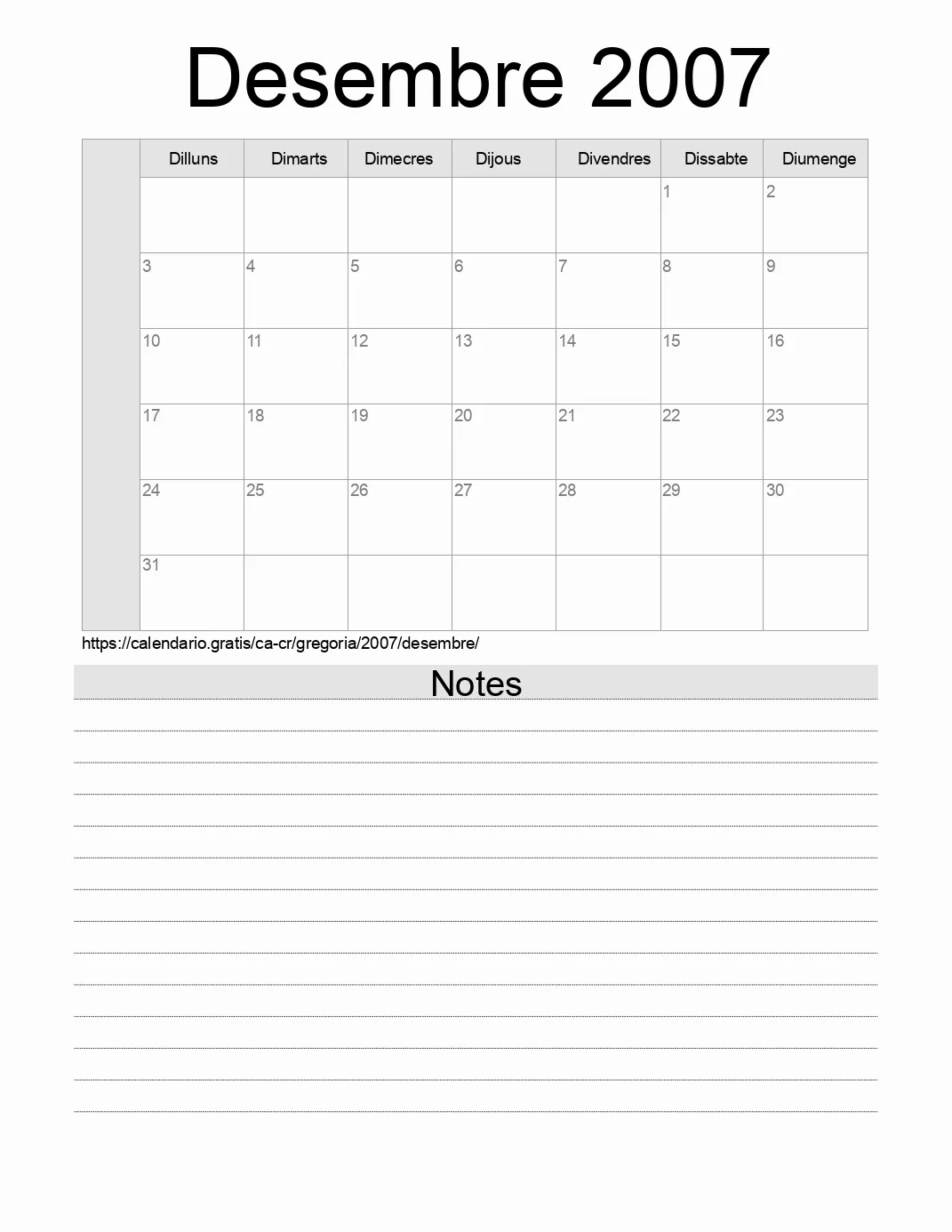 Calendari de Desembre 2007 per imprimir amb notes. (Costa Rica)