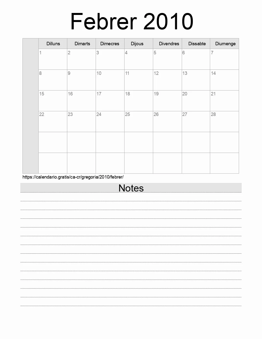 Calendari de Febrer 2010 per imprimir amb notes. (Costa Rica)