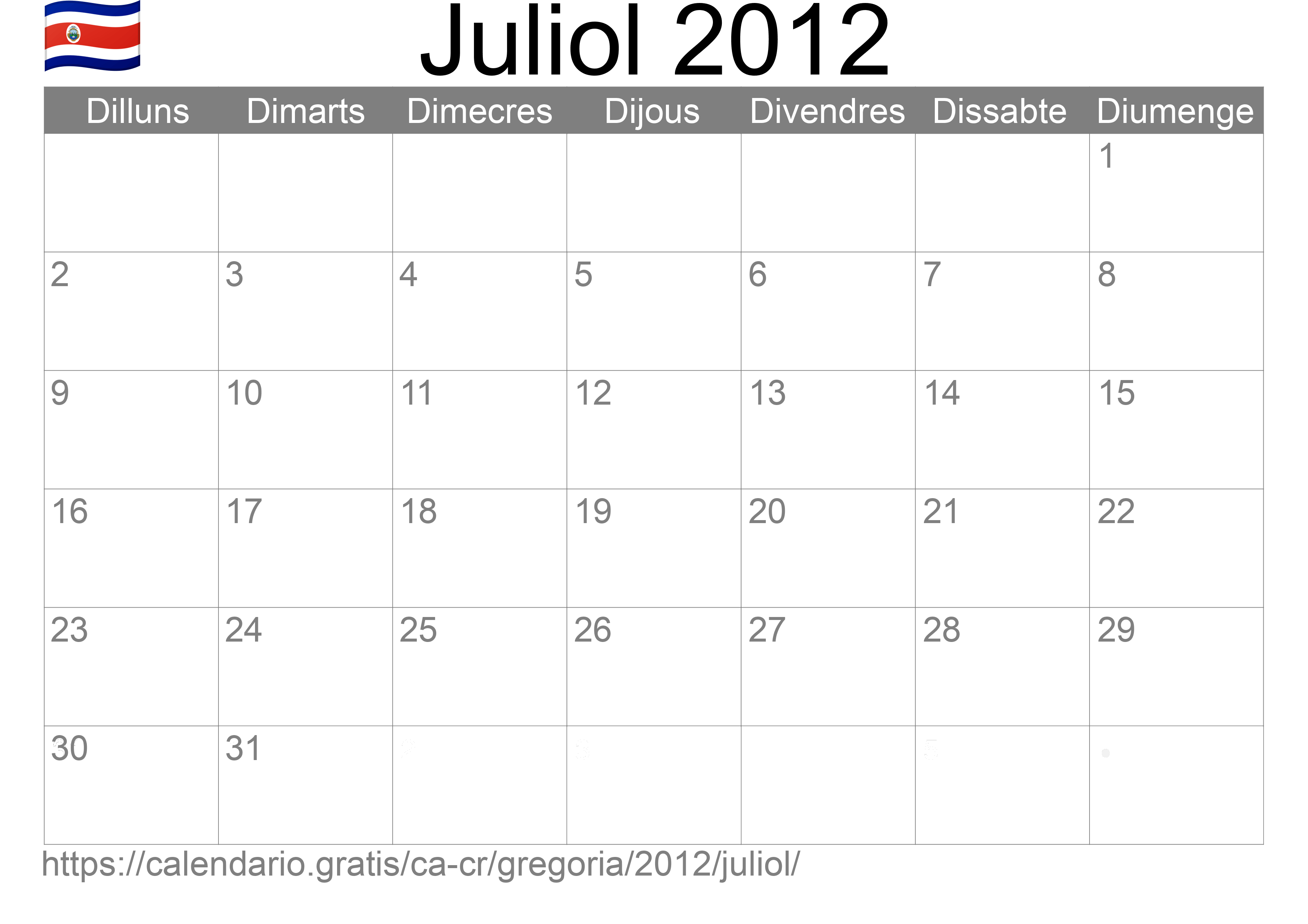 Calendari Juliol 2012 per imprimir