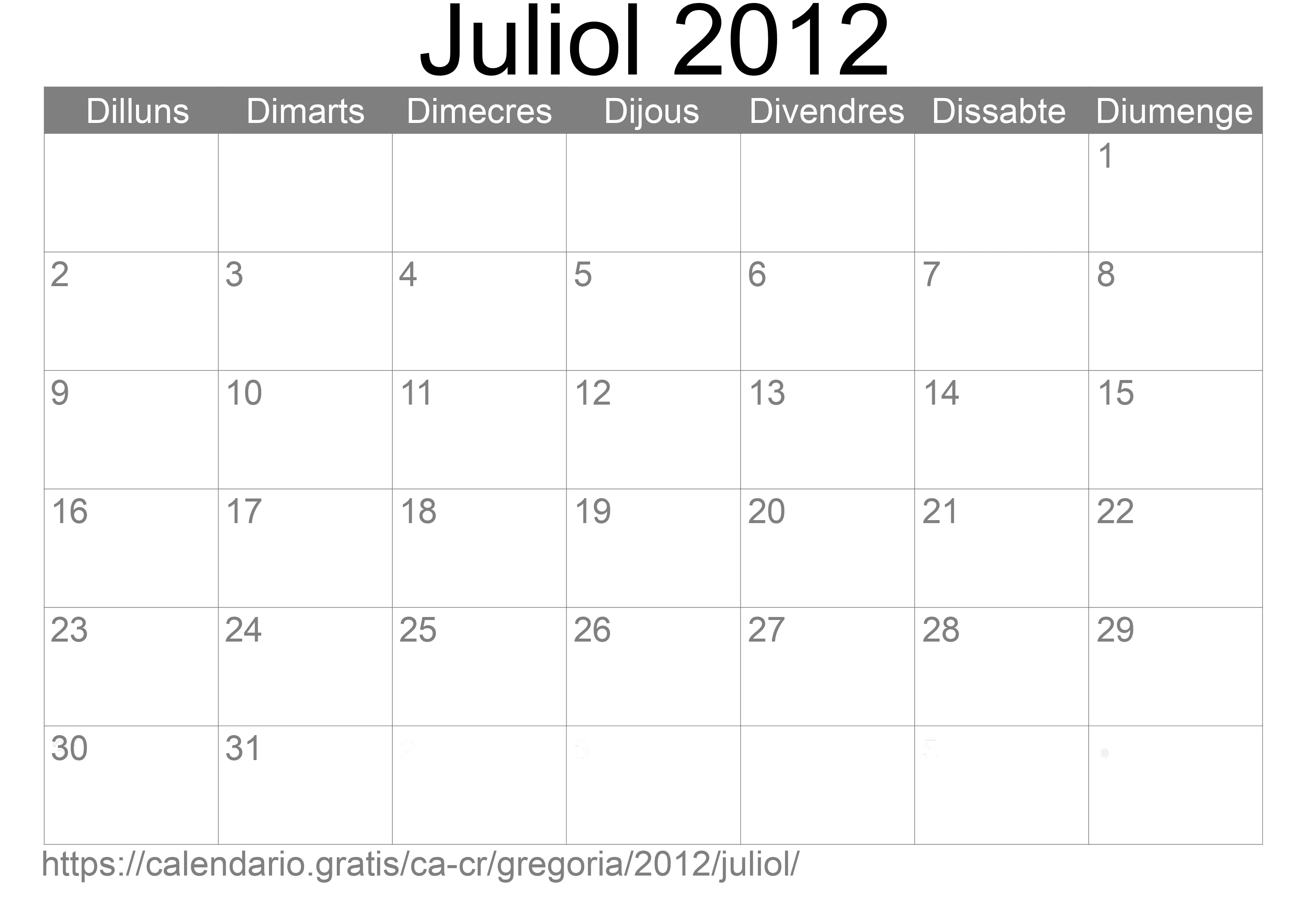 Calendari Juliol 2012 per imprimir (Costa Rica)
