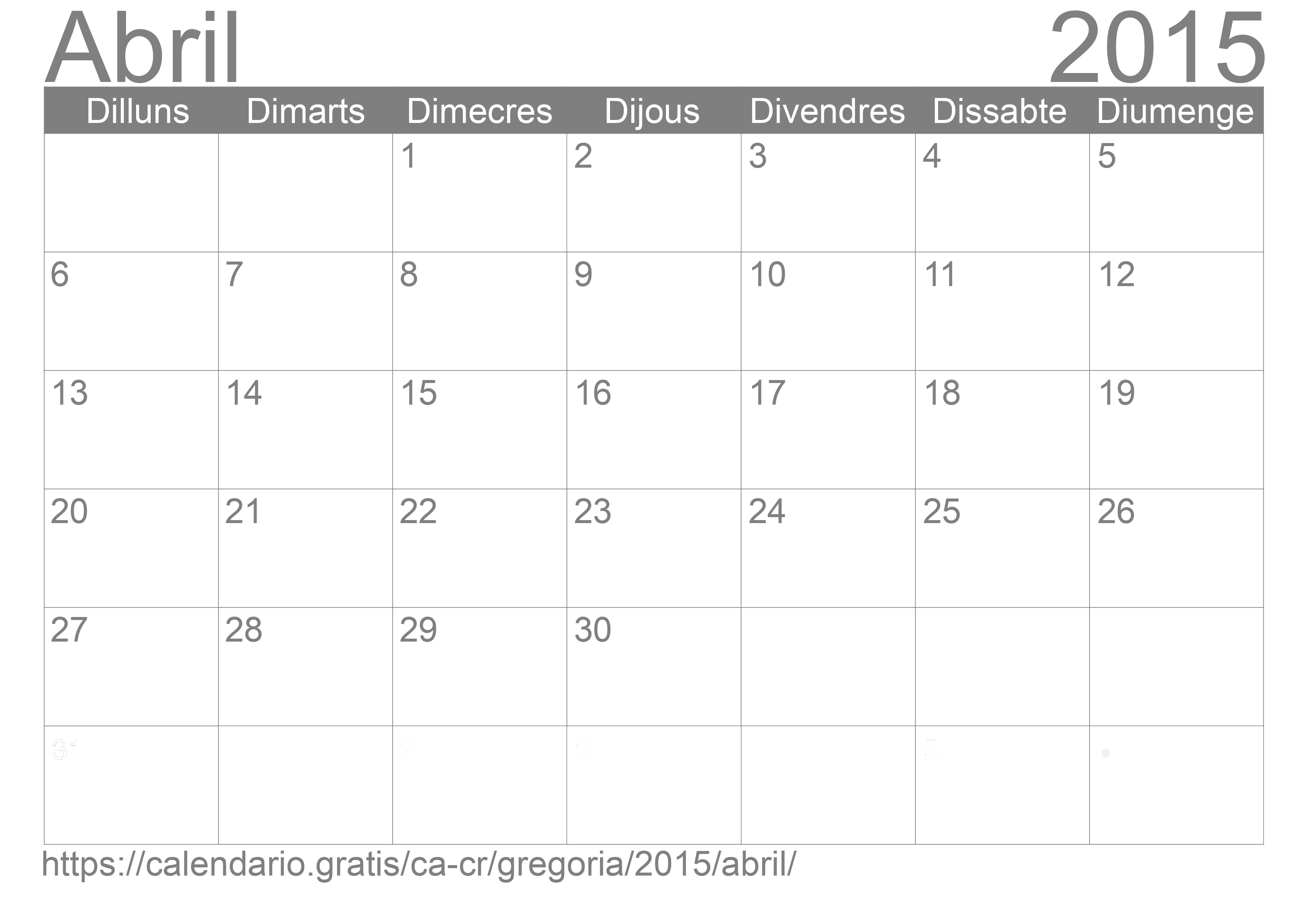 Calendari Abril 2015 per imprimir