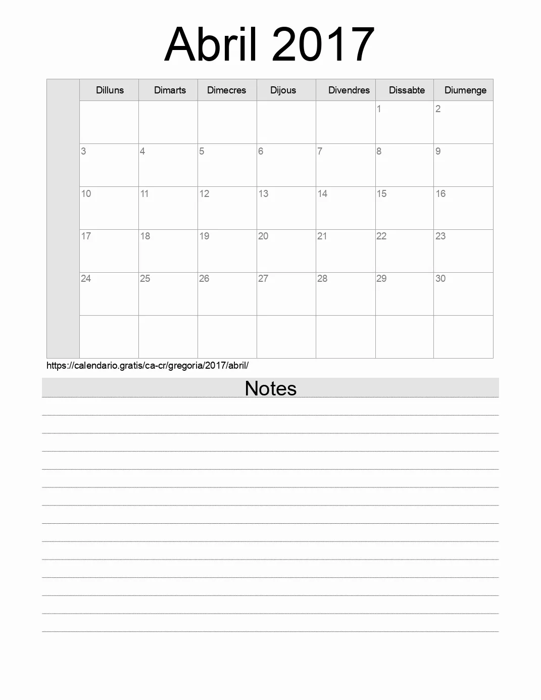 Calendari de Abril 2017 per imprimir amb notes. (Costa Rica)