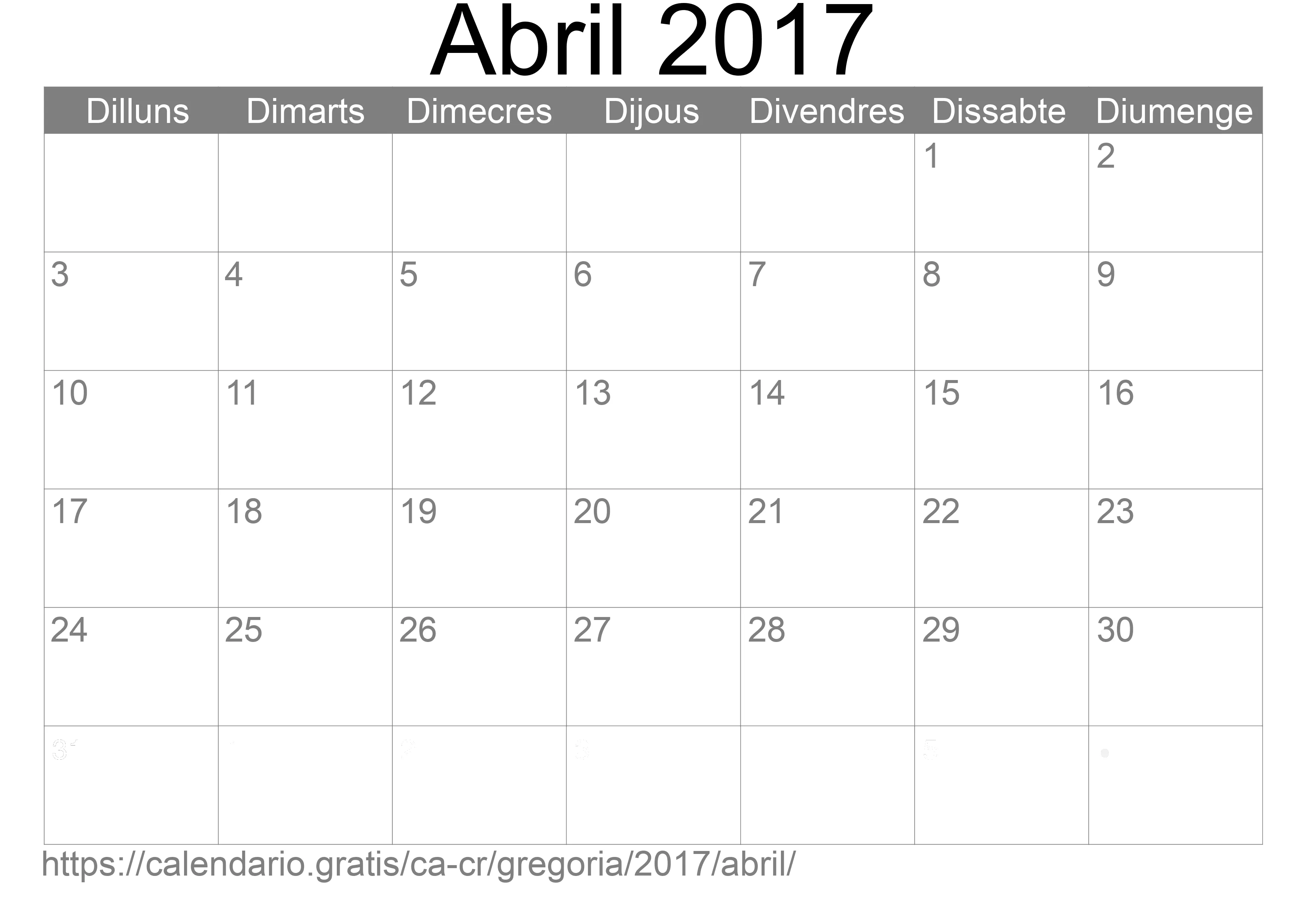 Calendari Abril 2017 per imprimir (Costa Rica)