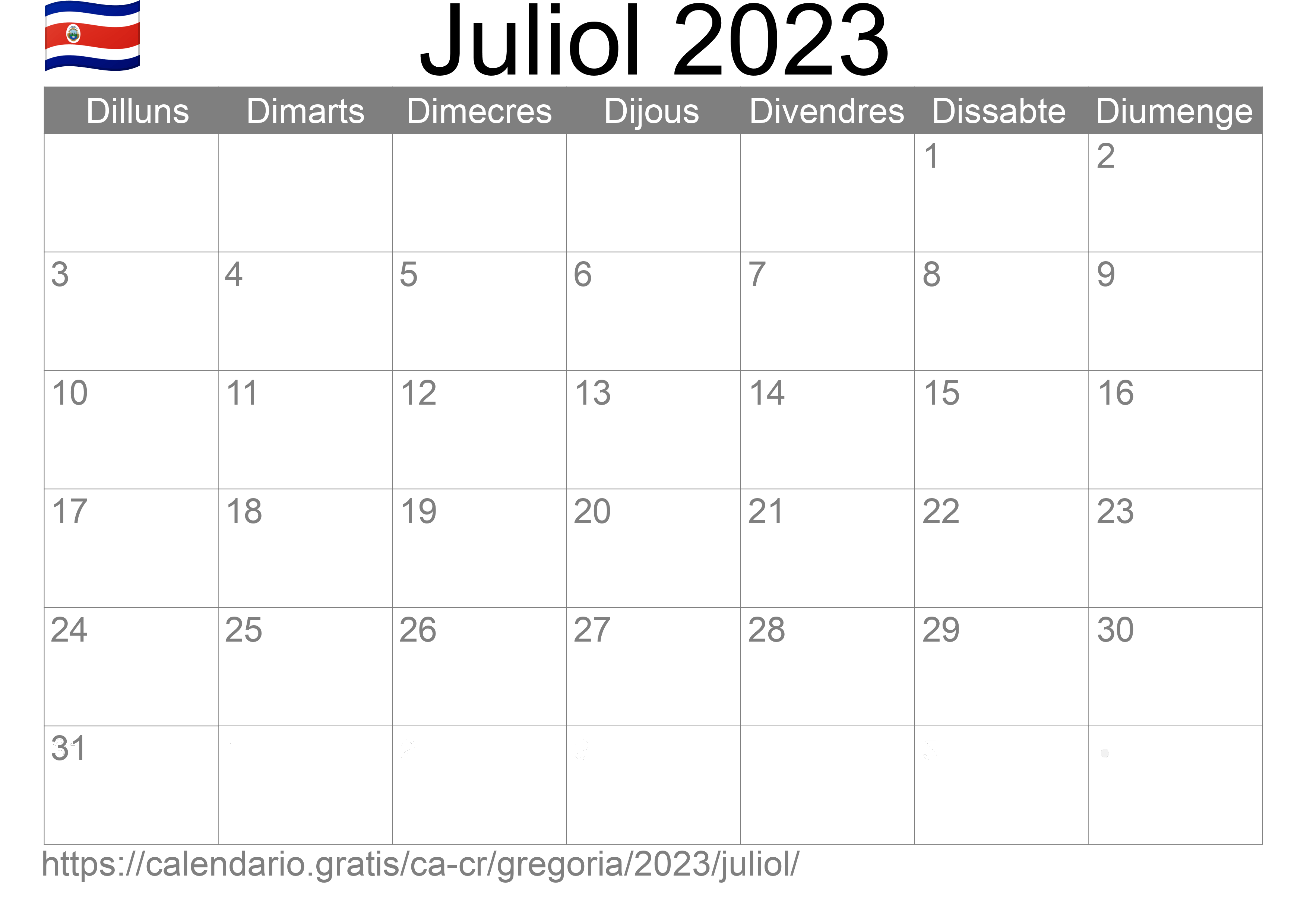 Calendari Juliol 2023 per imprimir