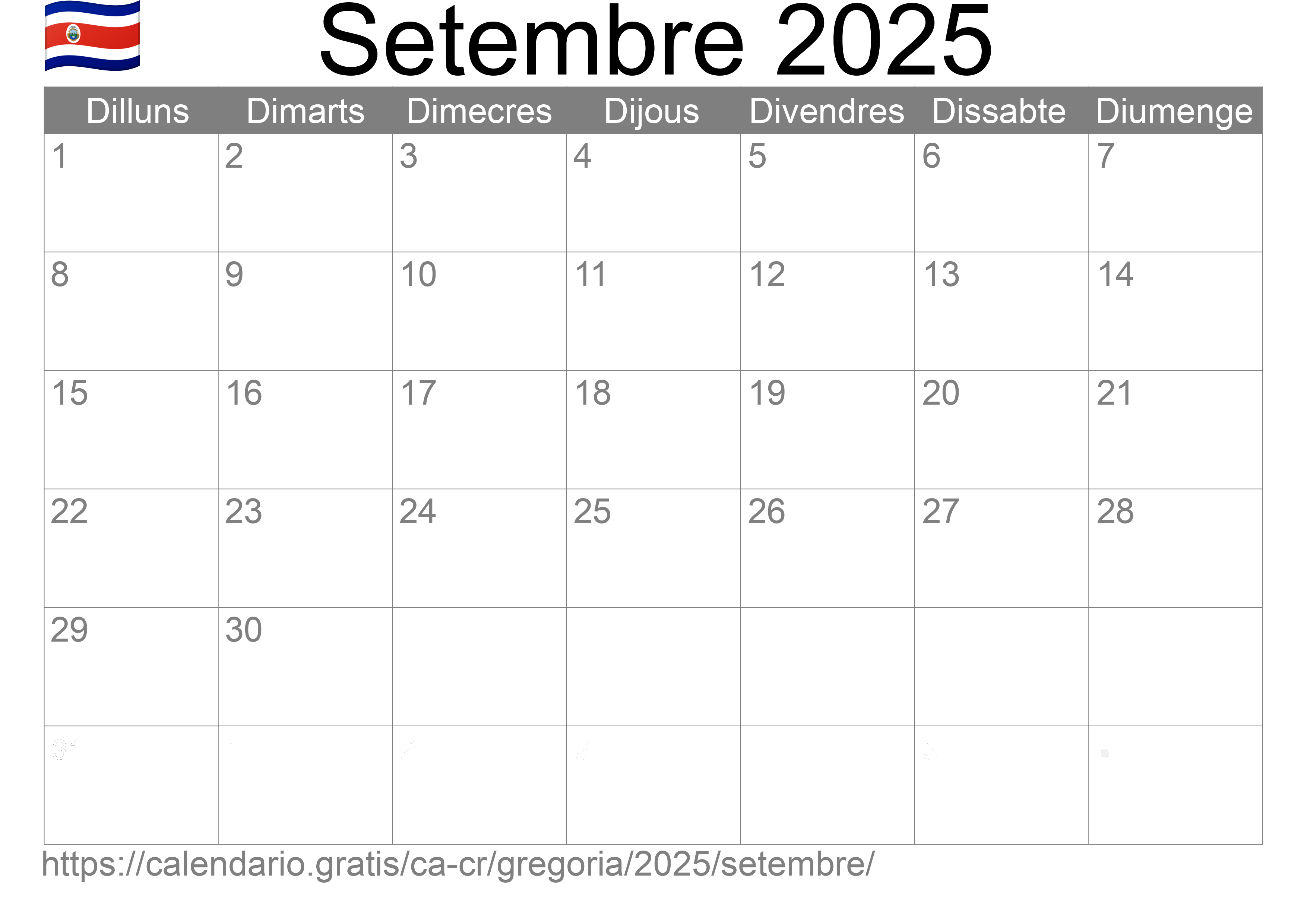 Calendari Setembre 2025 per imprimir