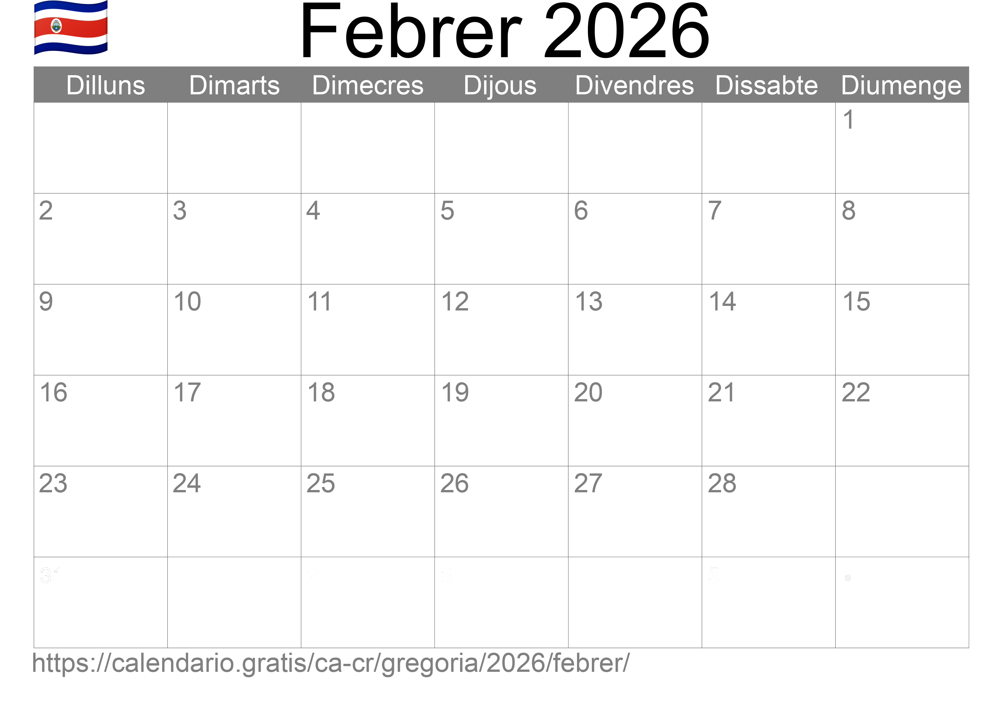 Calendari Febrer 2026 per imprimir