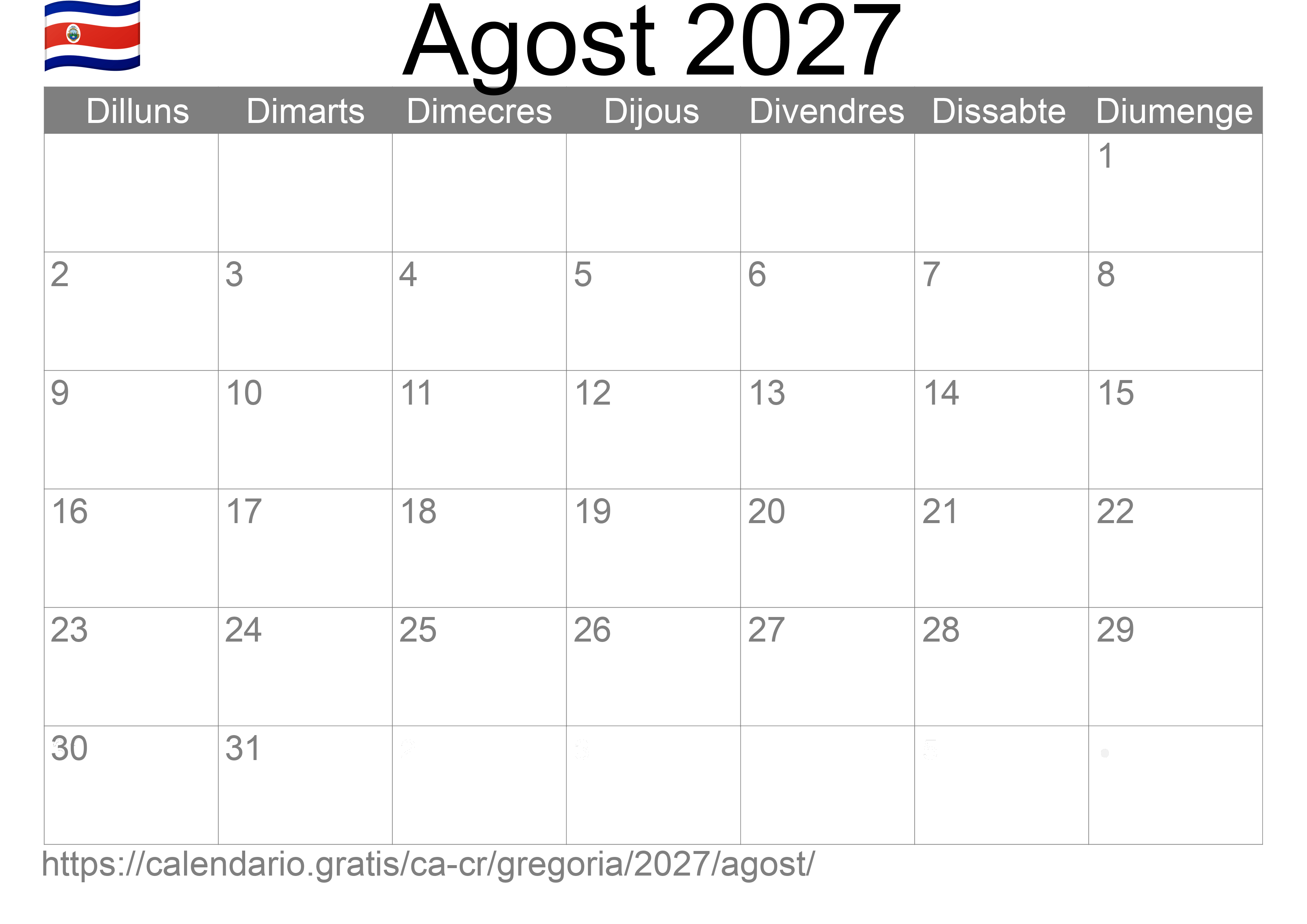 Calendari Agost 2027 per imprimir