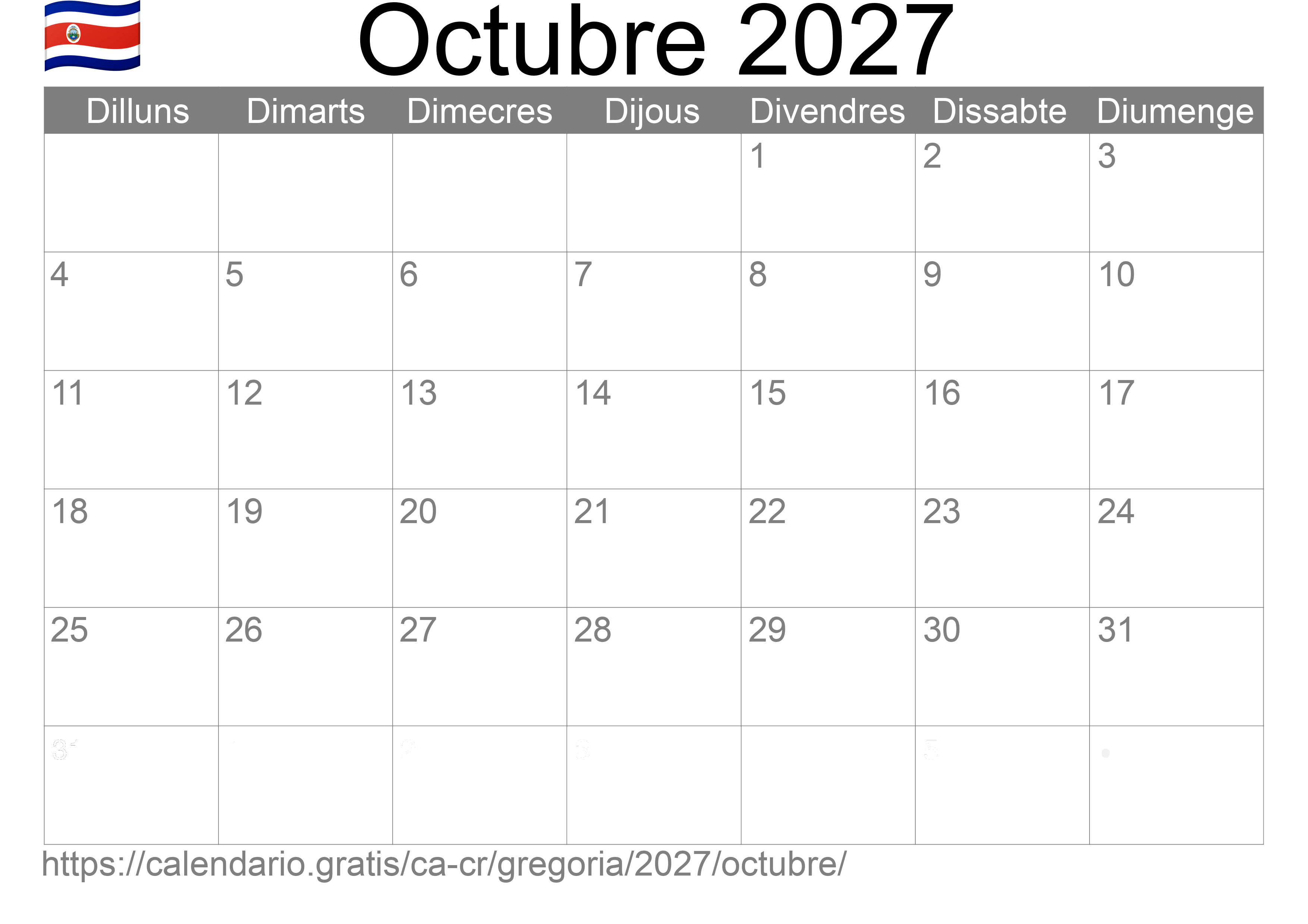 Calendari Octubre 2027 per imprimir