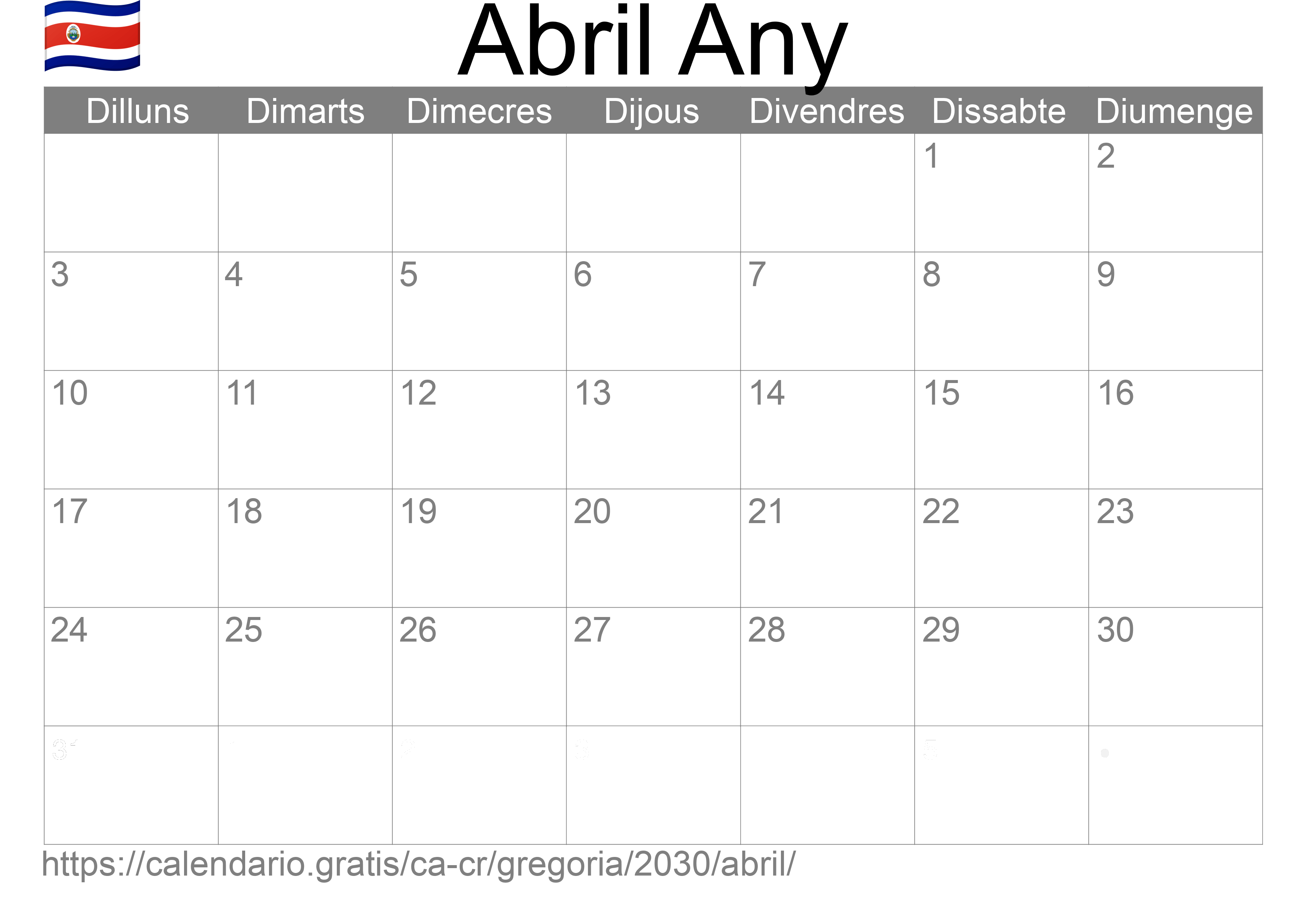 Calendari Abril 2030 per imprimir