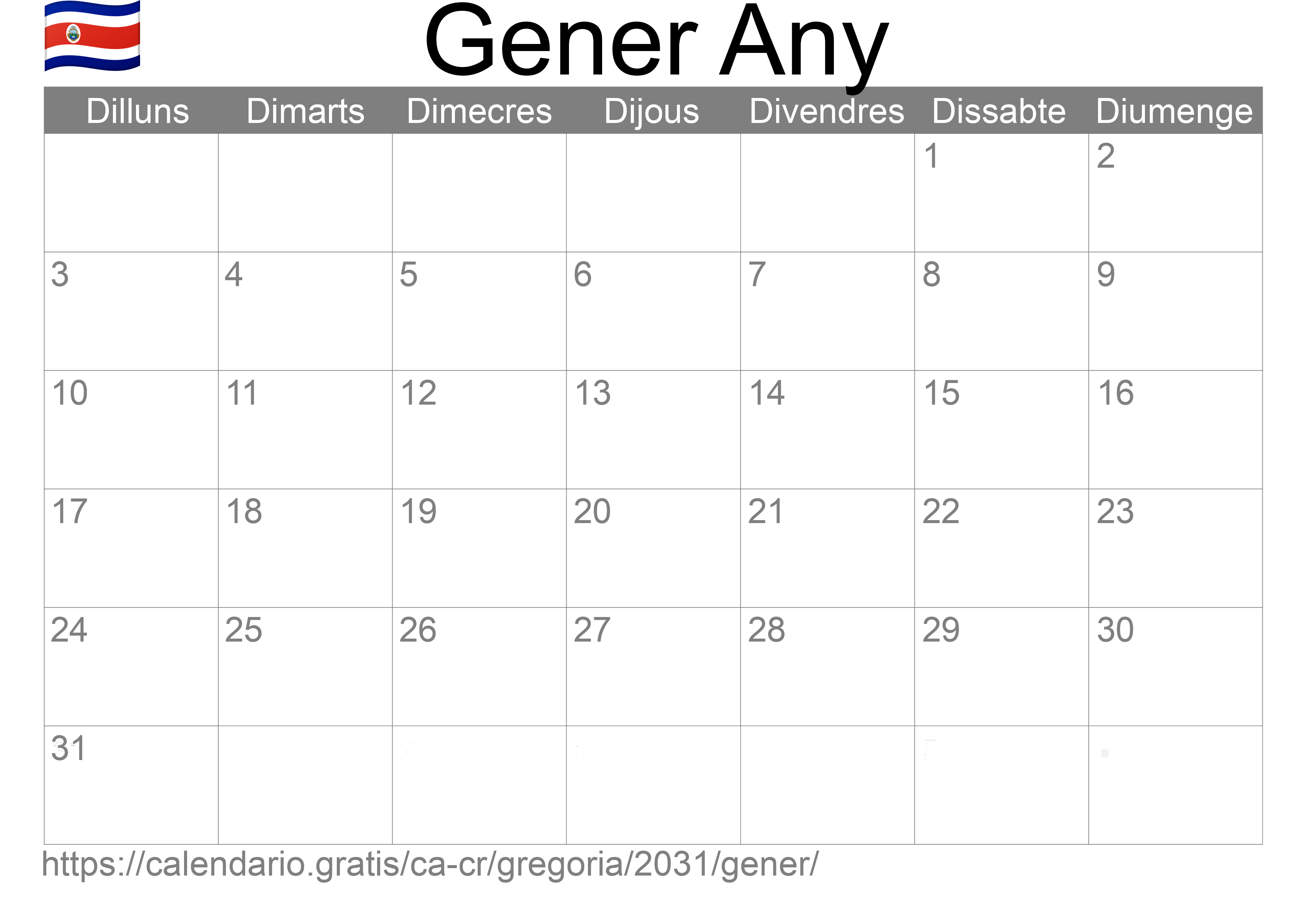 Calendari Gener 2031 per imprimir