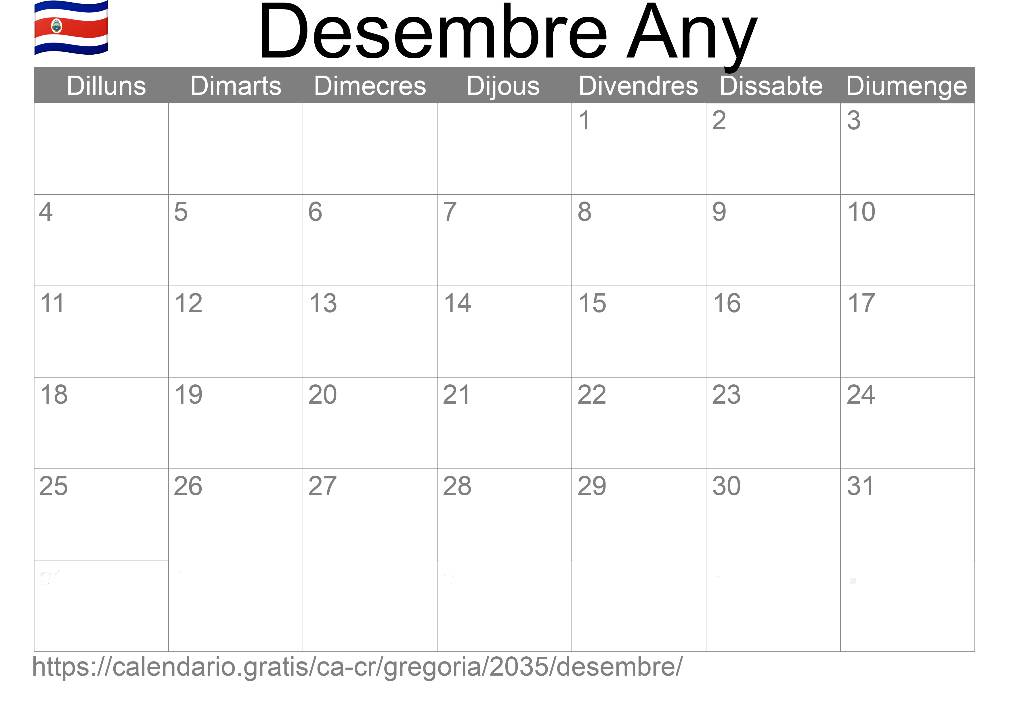 Calendari Desembre 2035 per imprimir