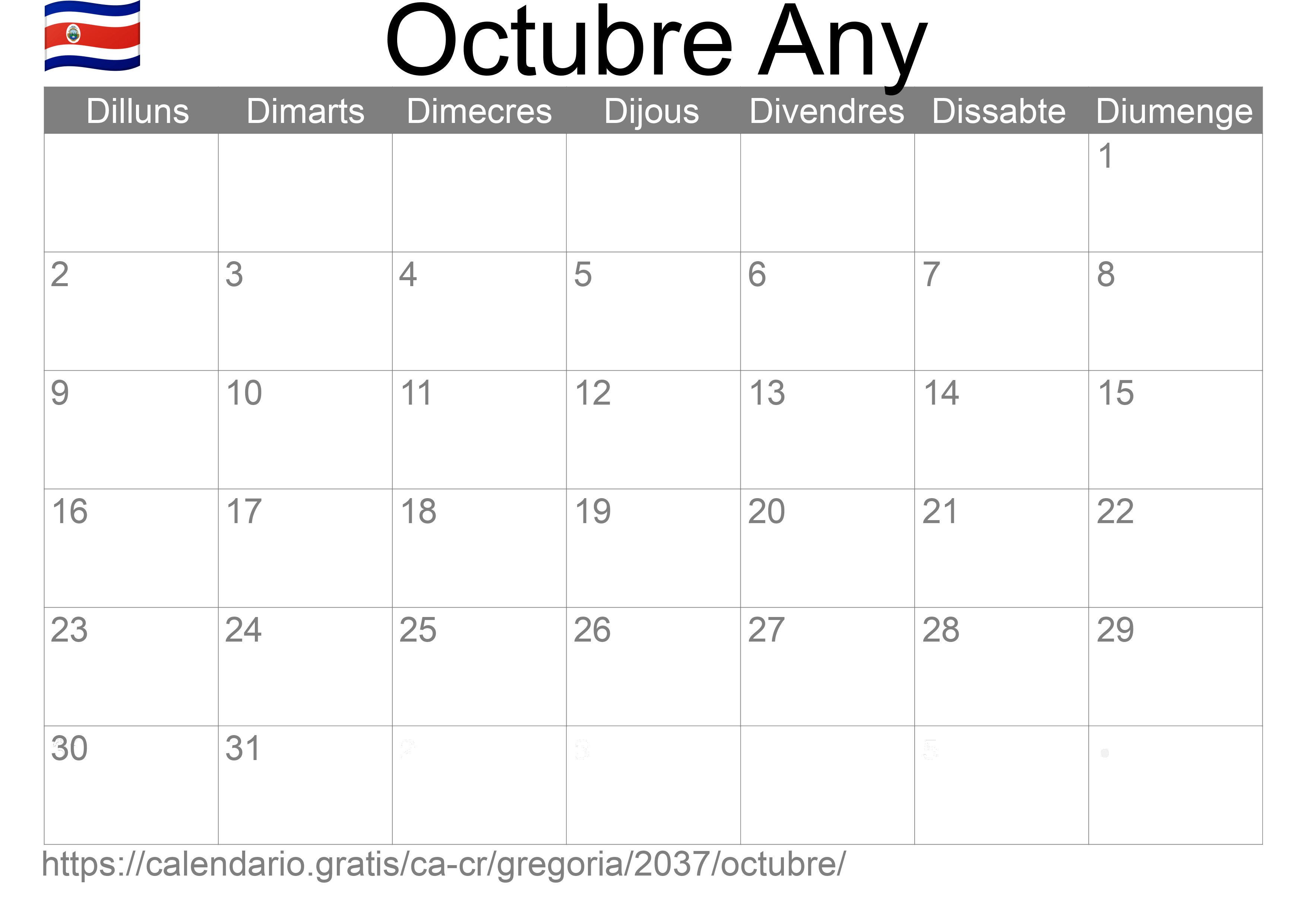 Calendari Octubre 2037 per imprimir