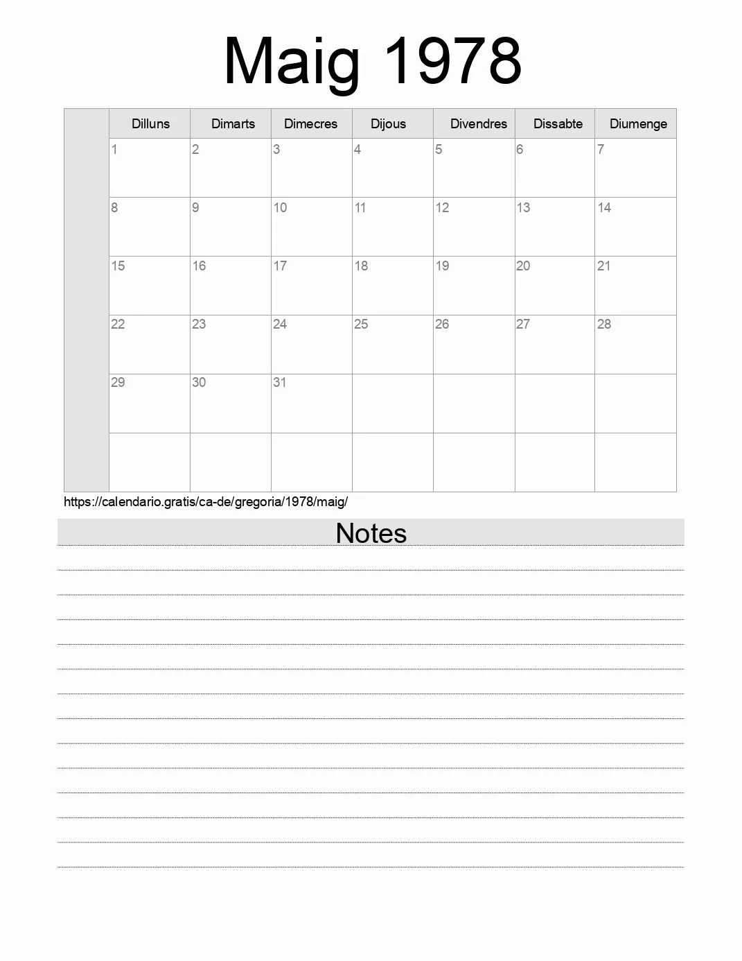 Calendari de Maig 1978 per imprimir amb notes. (Alemanya)