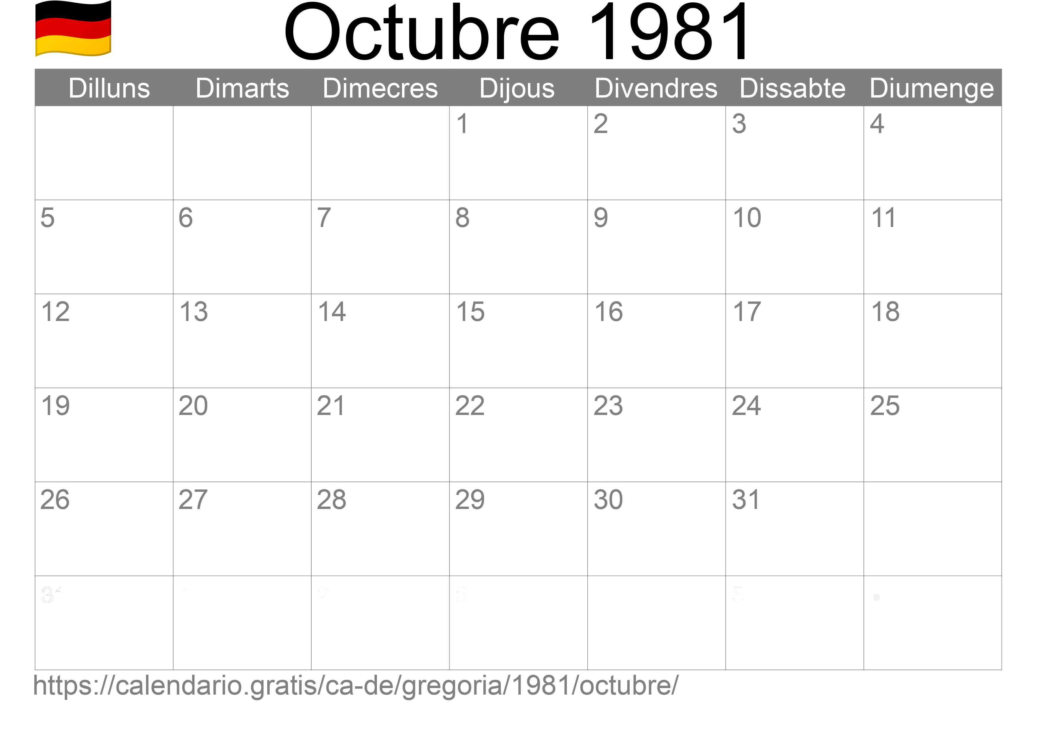 Calendari Octubre 1981 per imprimir