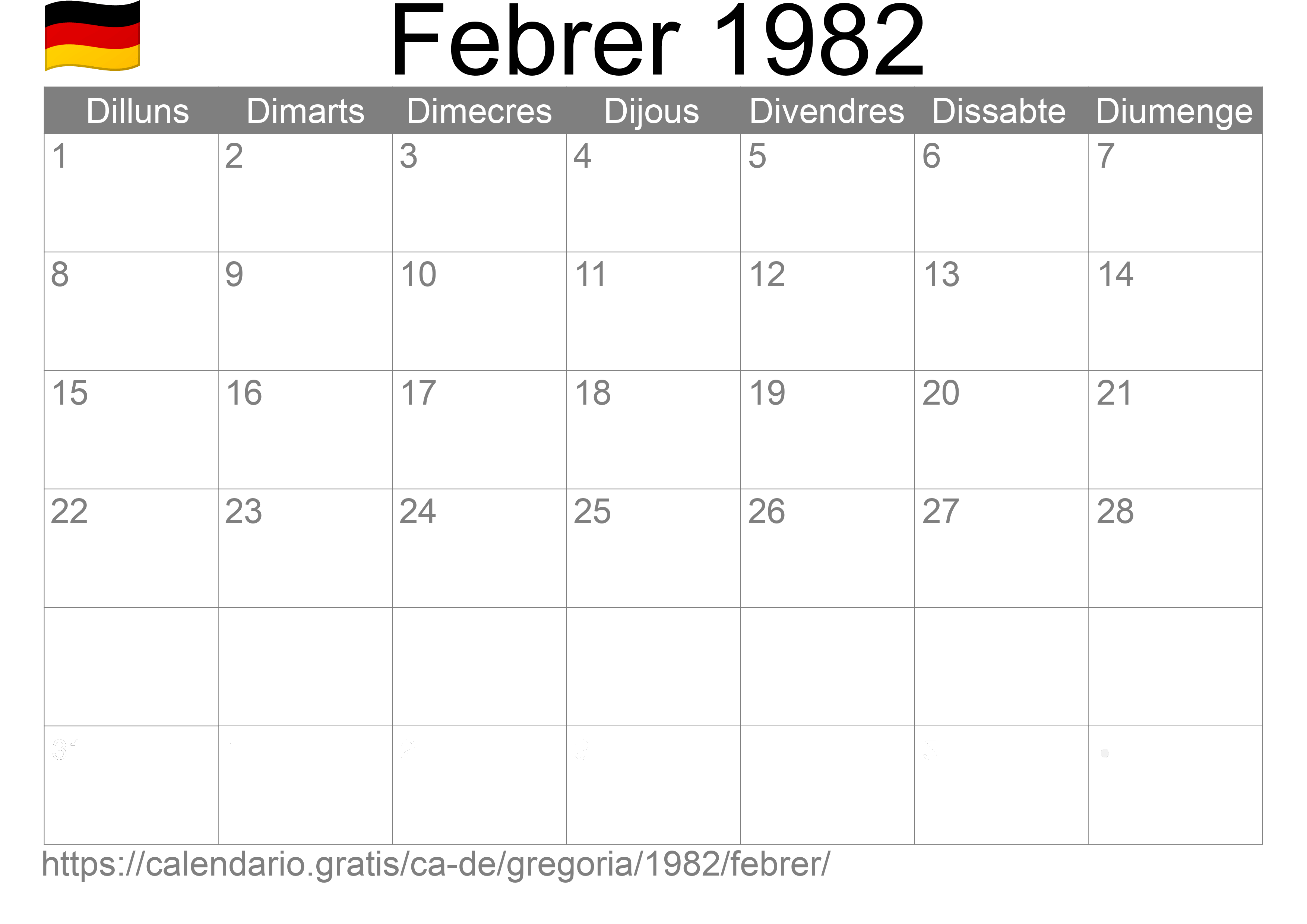 Calendari Febrer 1982 per imprimir