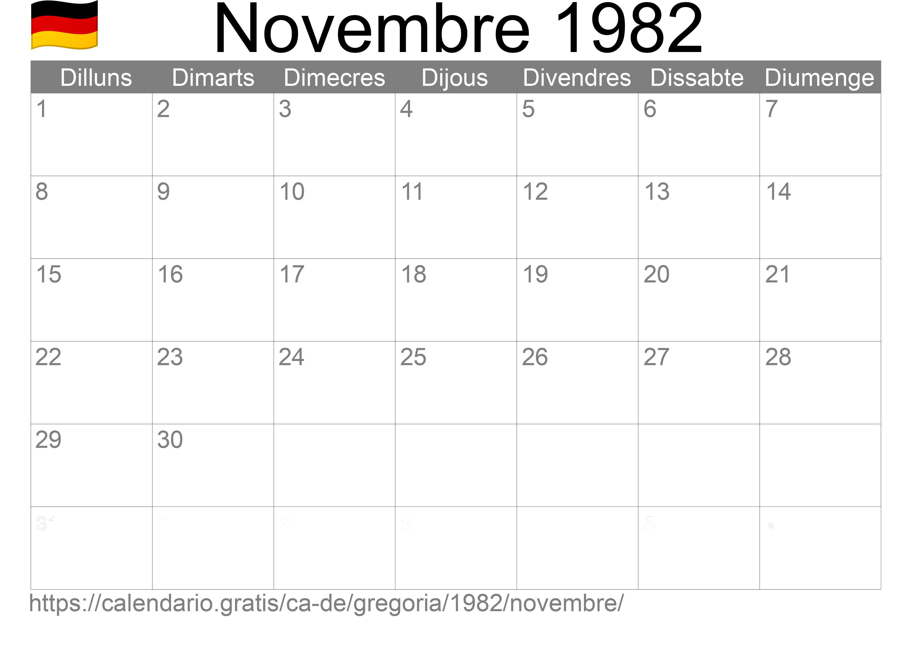 Calendari Novembre 1982 per imprimir