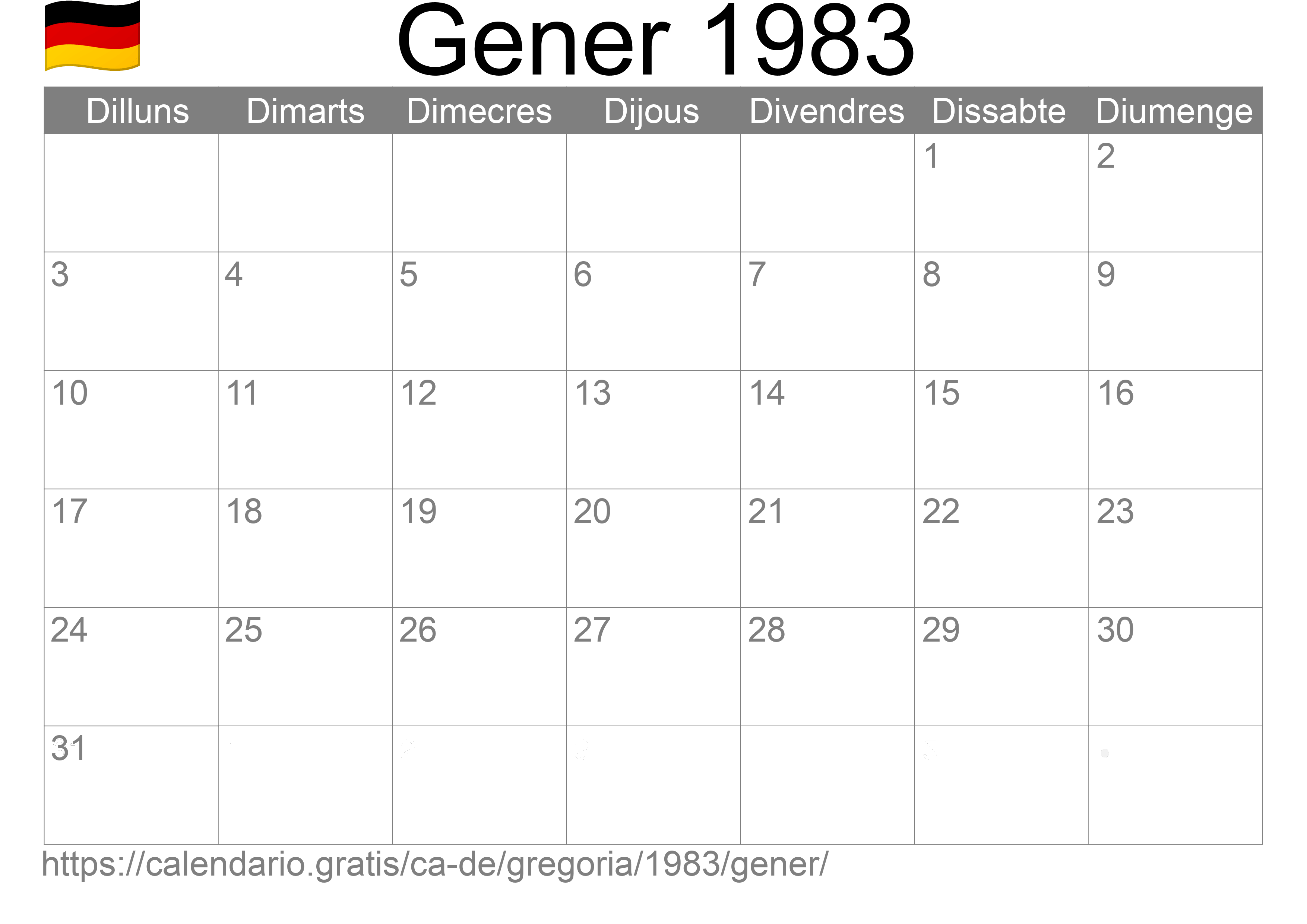 Calendari Gener 1983 per imprimir