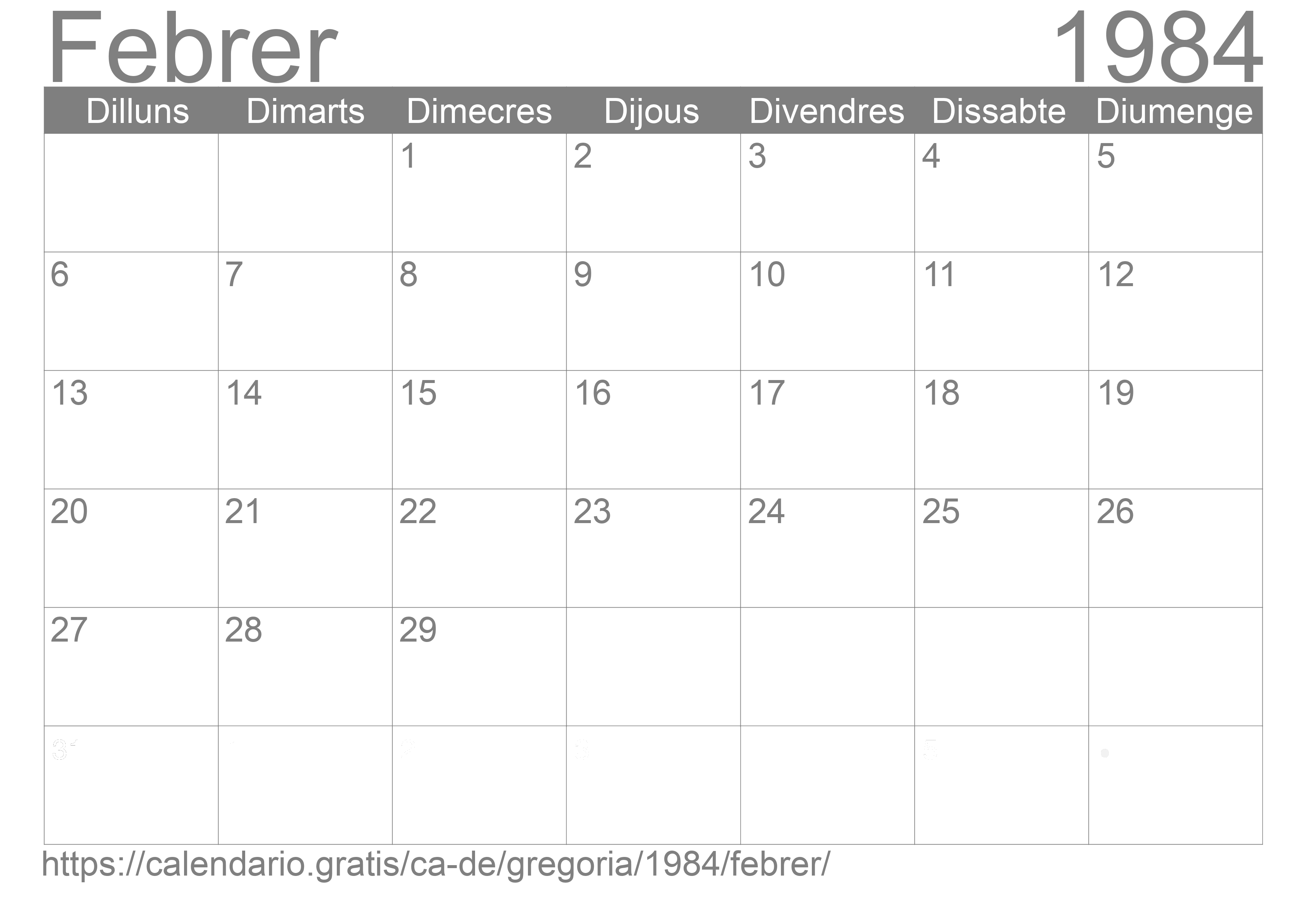 Calendari Febrer 1984 per imprimir