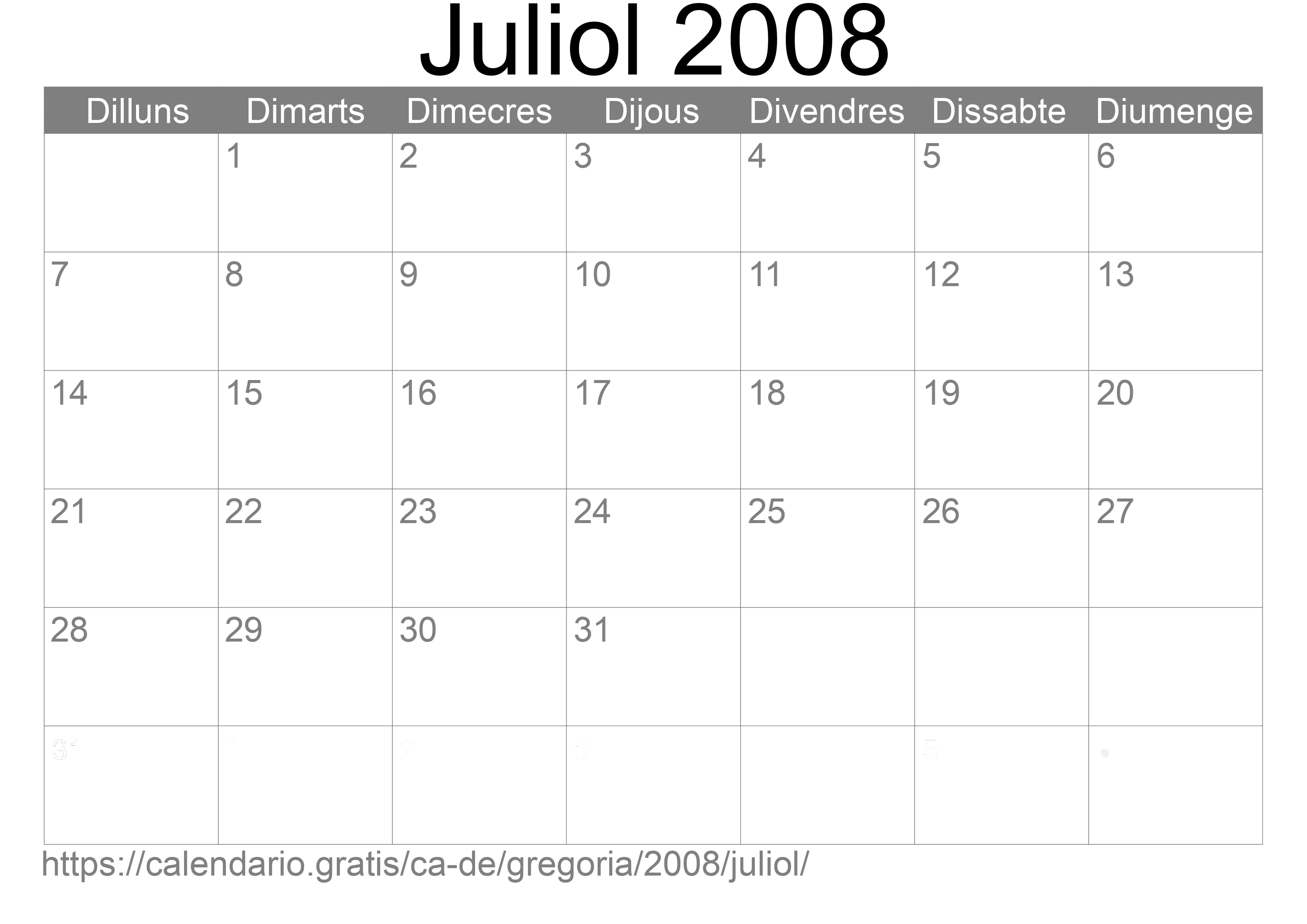 Calendari Juliol 2008 per imprimir (Alemanya)