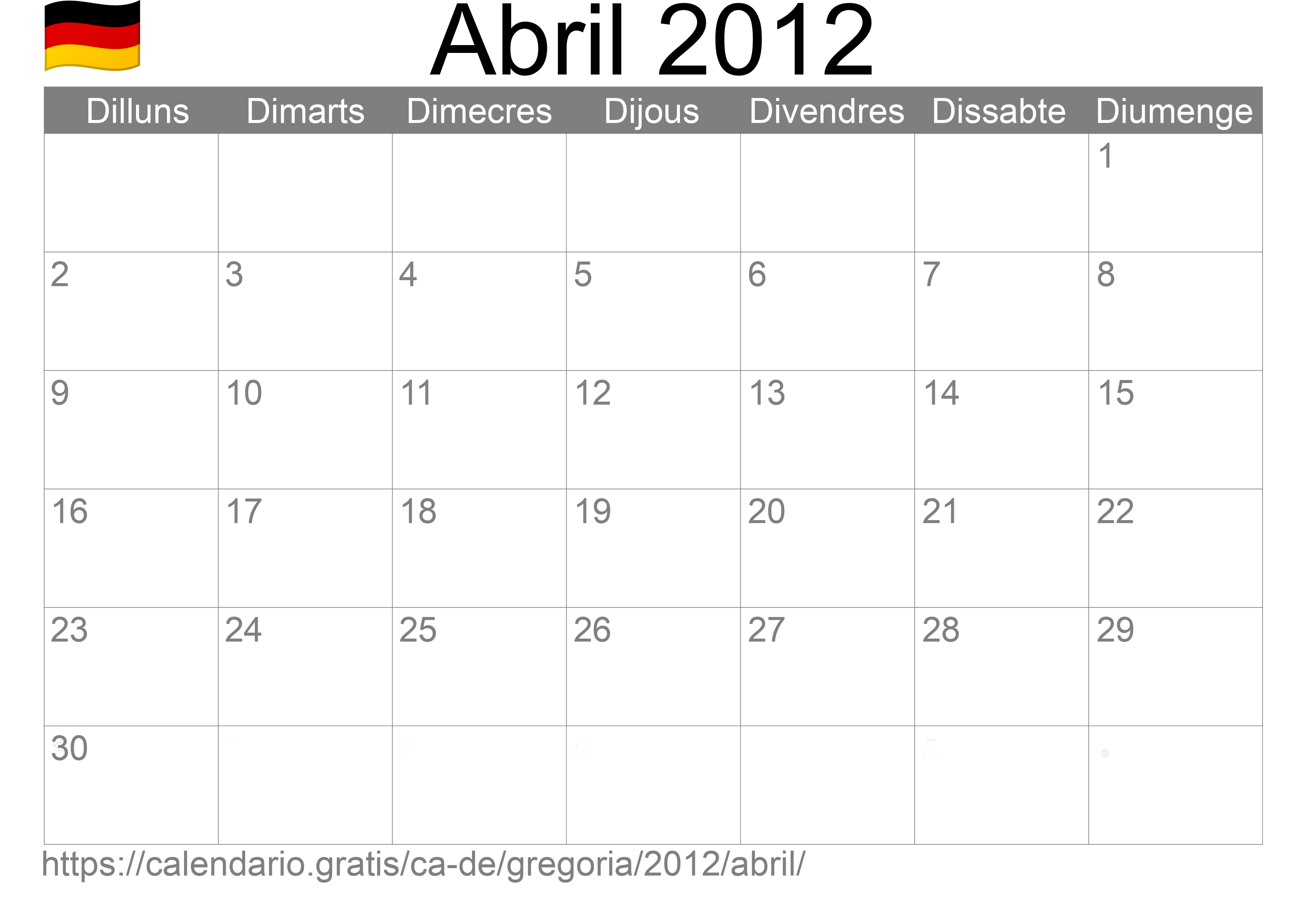 Calendari Abril 2012 per imprimir