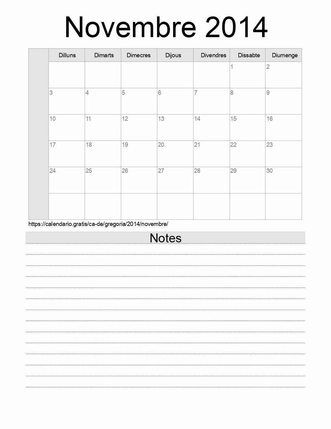 Calendari de Novembre 2014 per imprimir amb notes. (Alemanya)