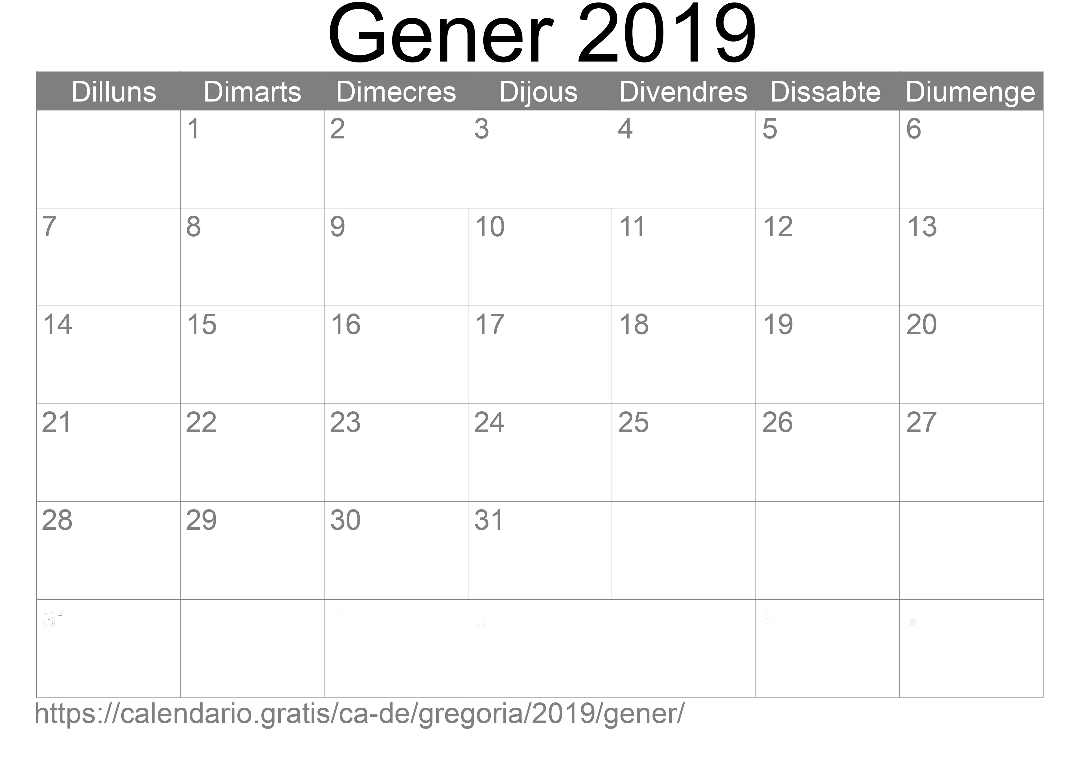Calendari Gener 2019 per imprimir (Alemanya) Calendari Gener 2019 per imprimir (Alemanya)