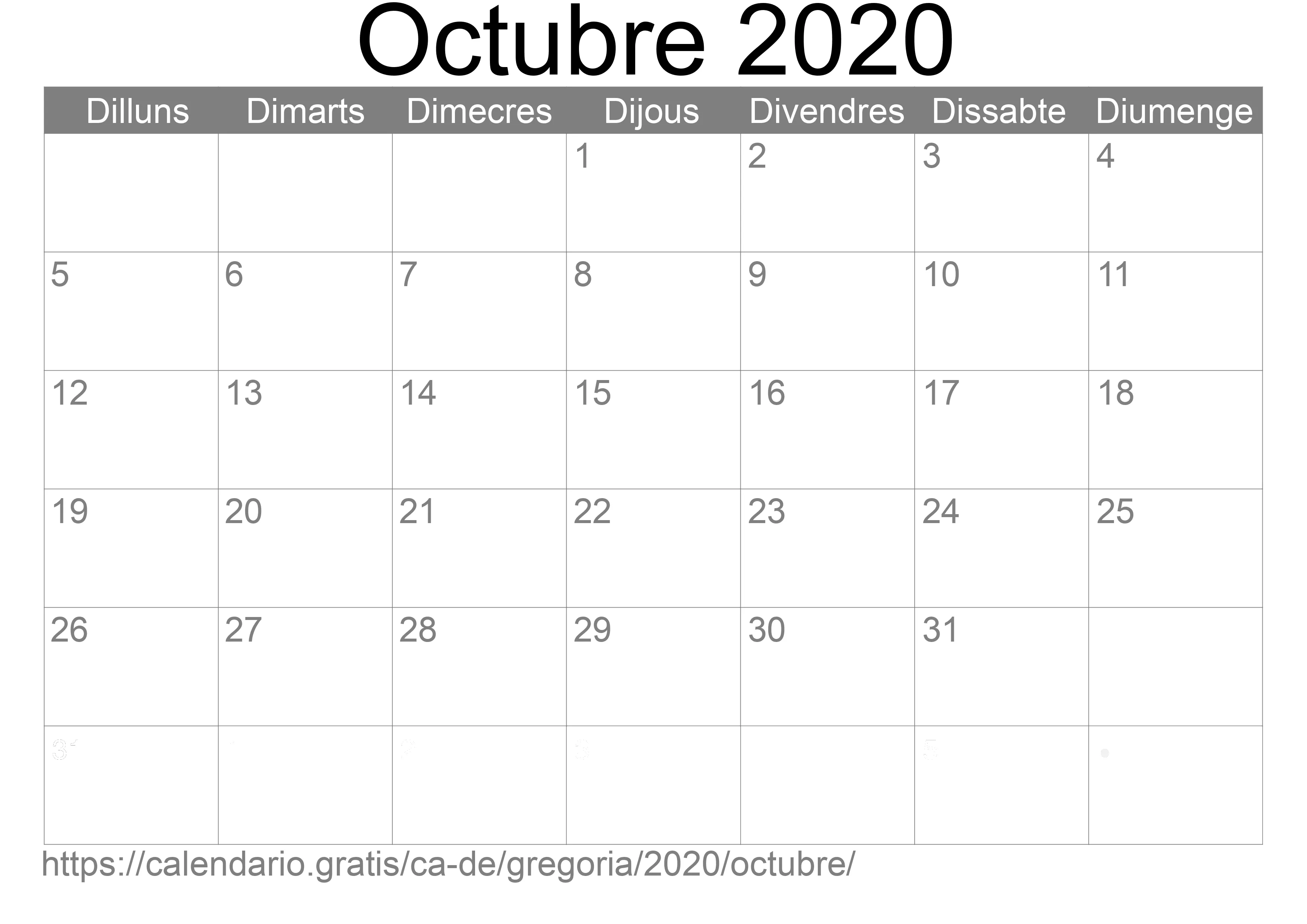 Calendari Octubre 2020 per imprimir (Alemanya)