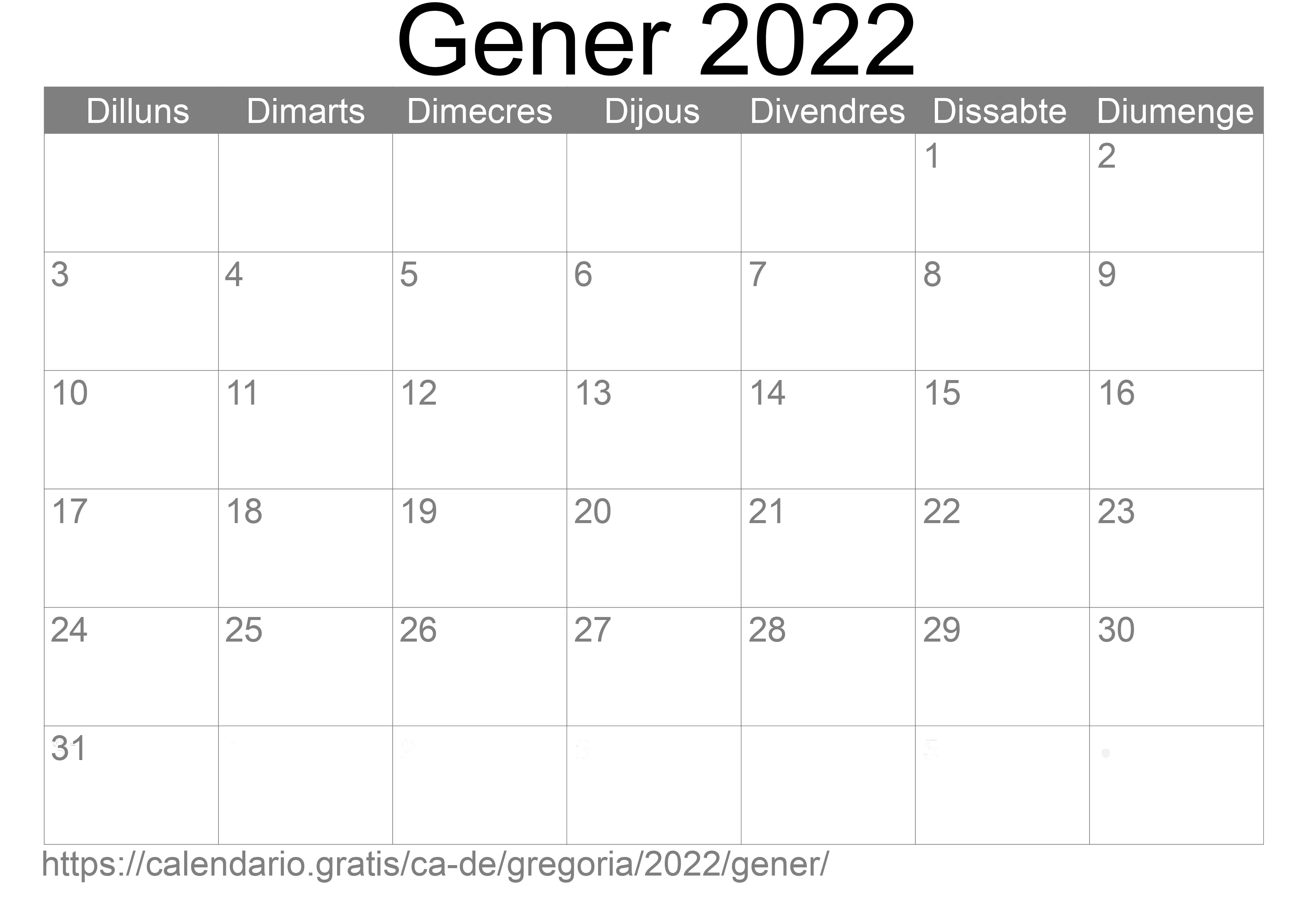 Calendari Gener 2022 per imprimir (Alemanya) Calendari Gener 2022 per imprimir (Alemanya)