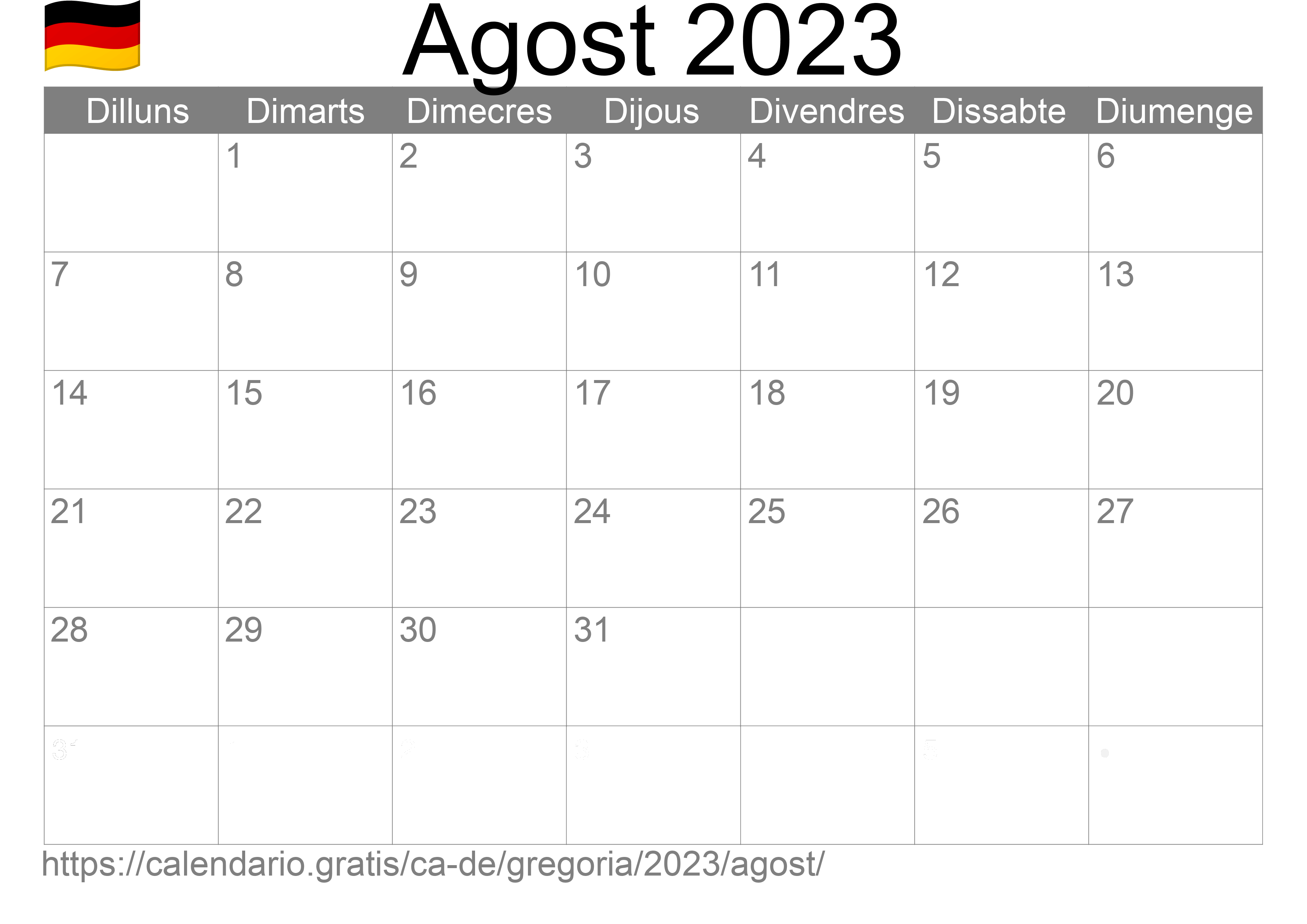 Calendari Agost 2023 per imprimir