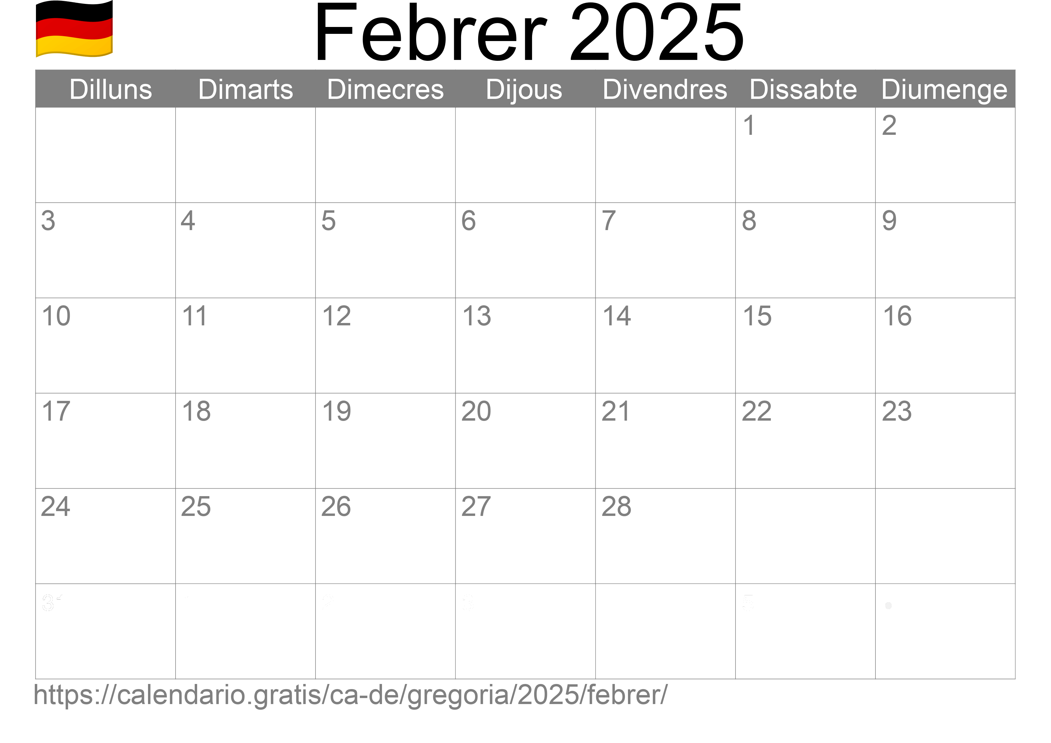 Calendari Febrer 2025 per imprimir