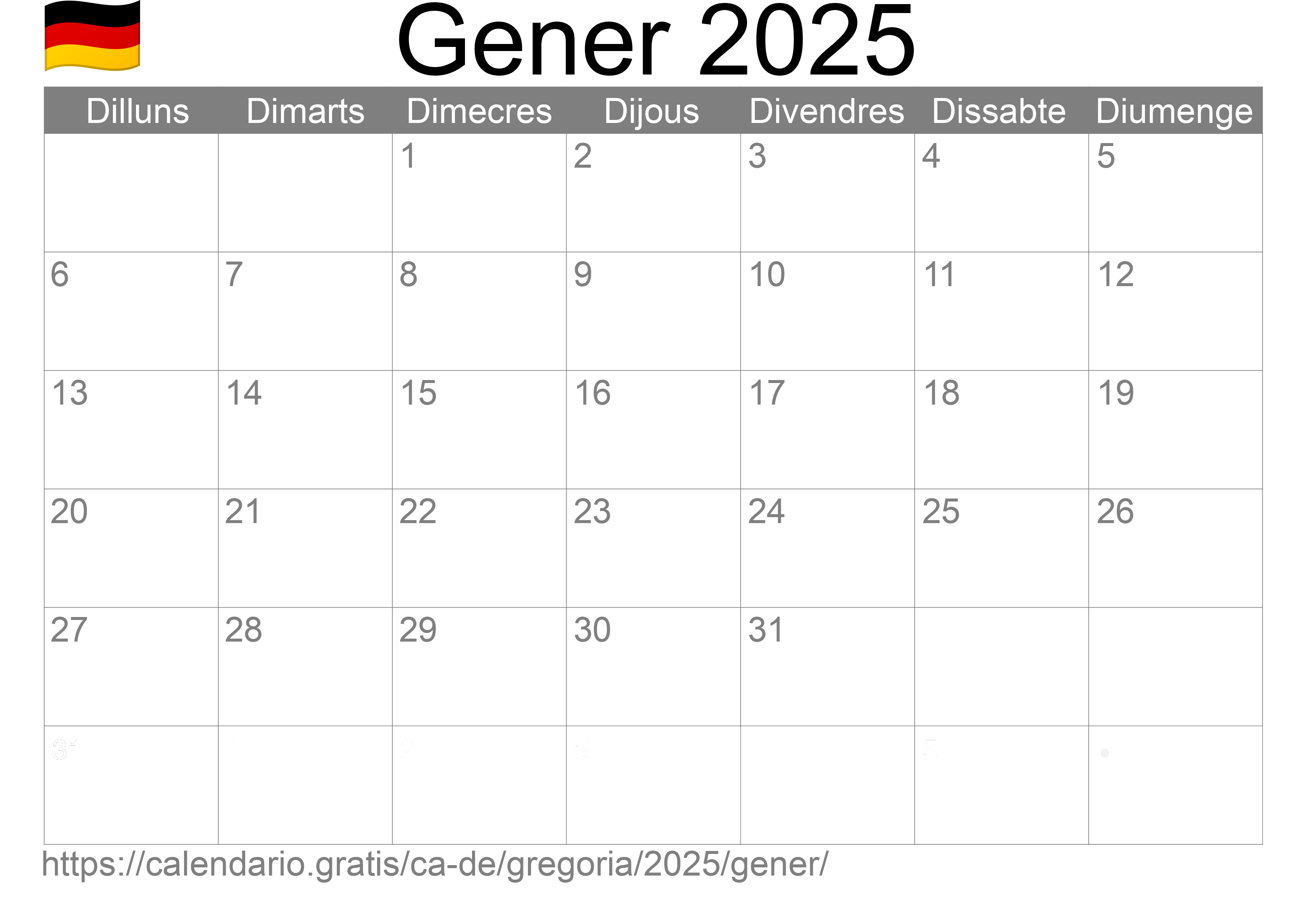 Calendari Gener 2025 per imprimir