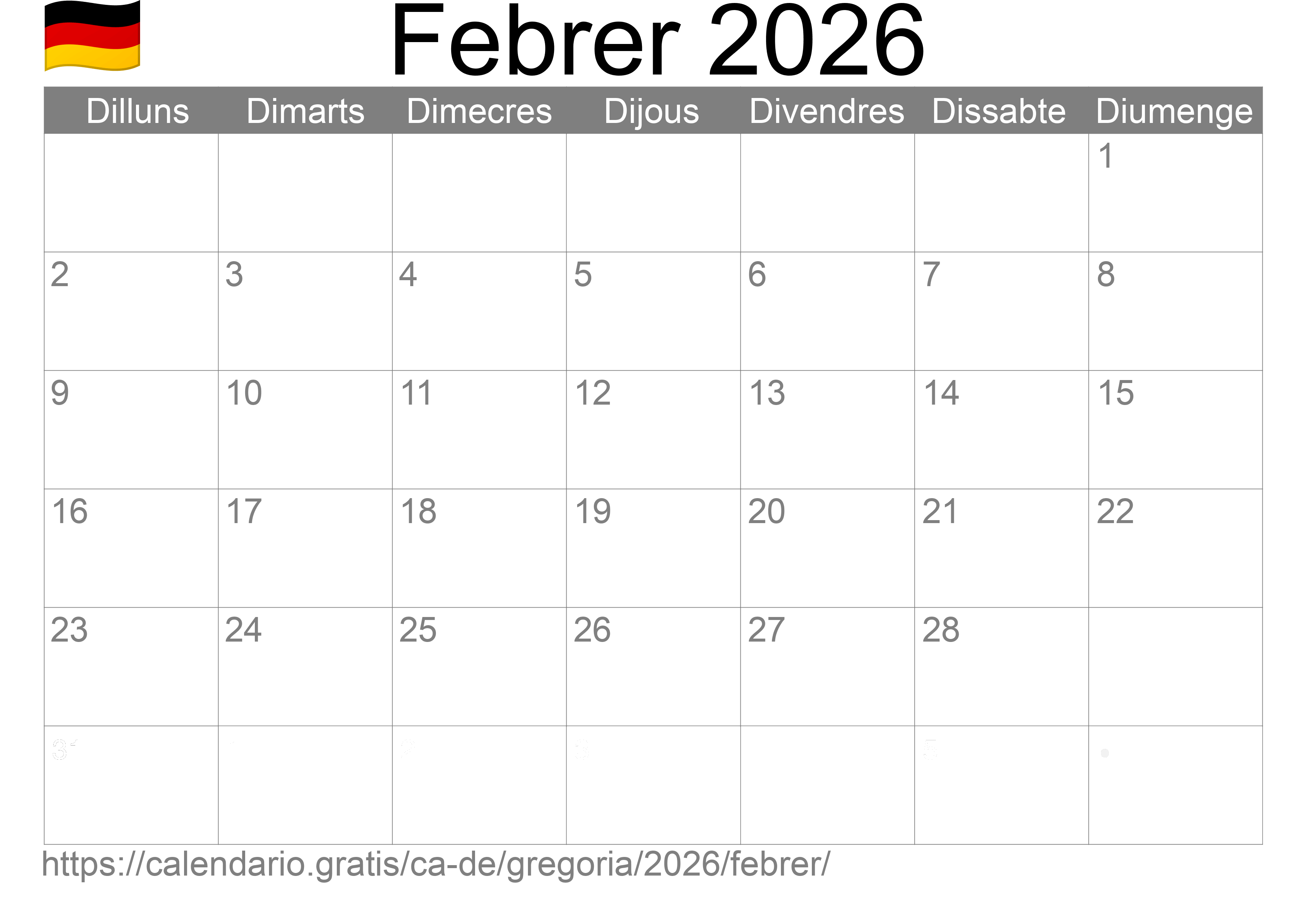 Calendari Febrer 2026 per imprimir