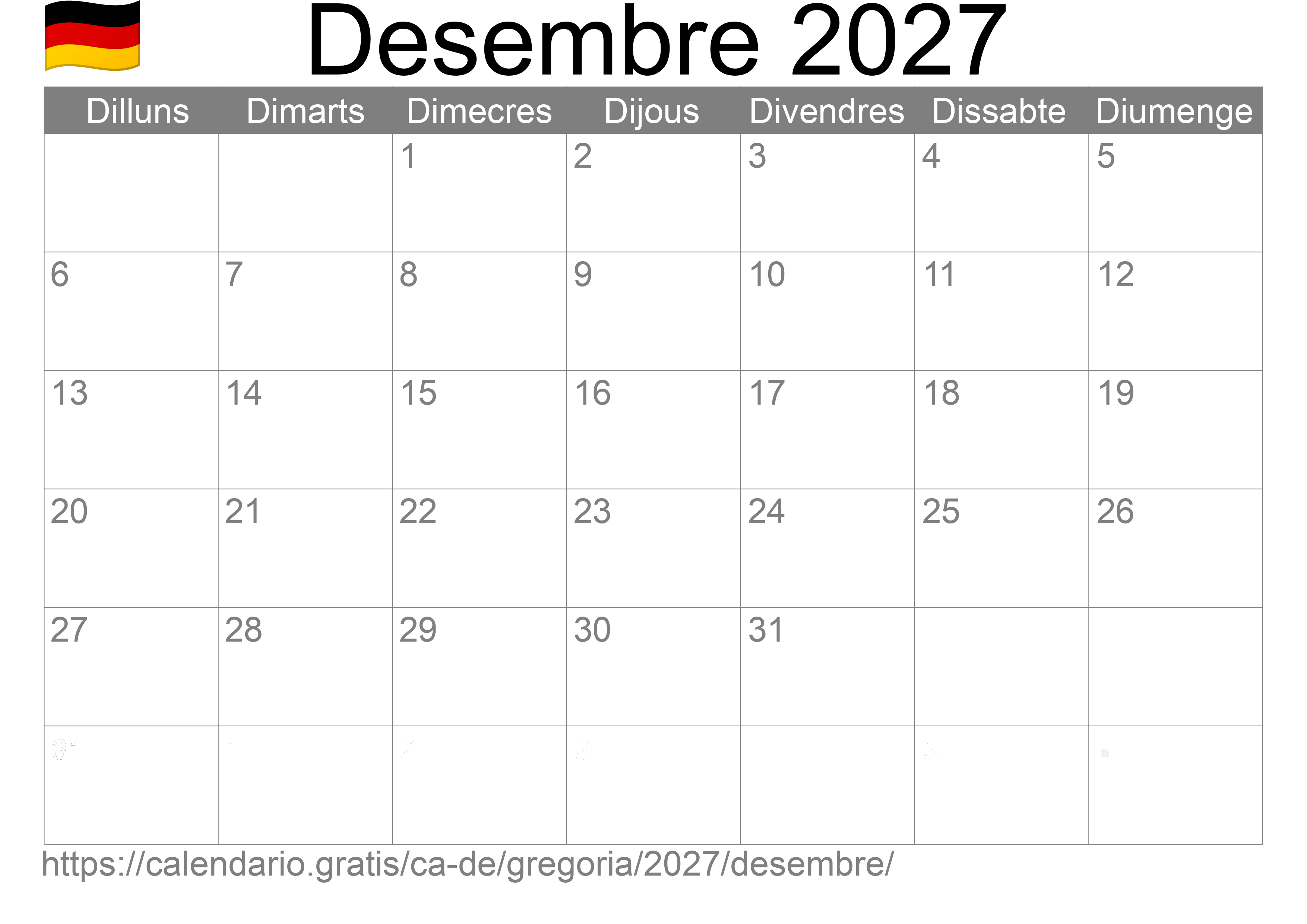 Calendari Desembre 2027 per imprimir