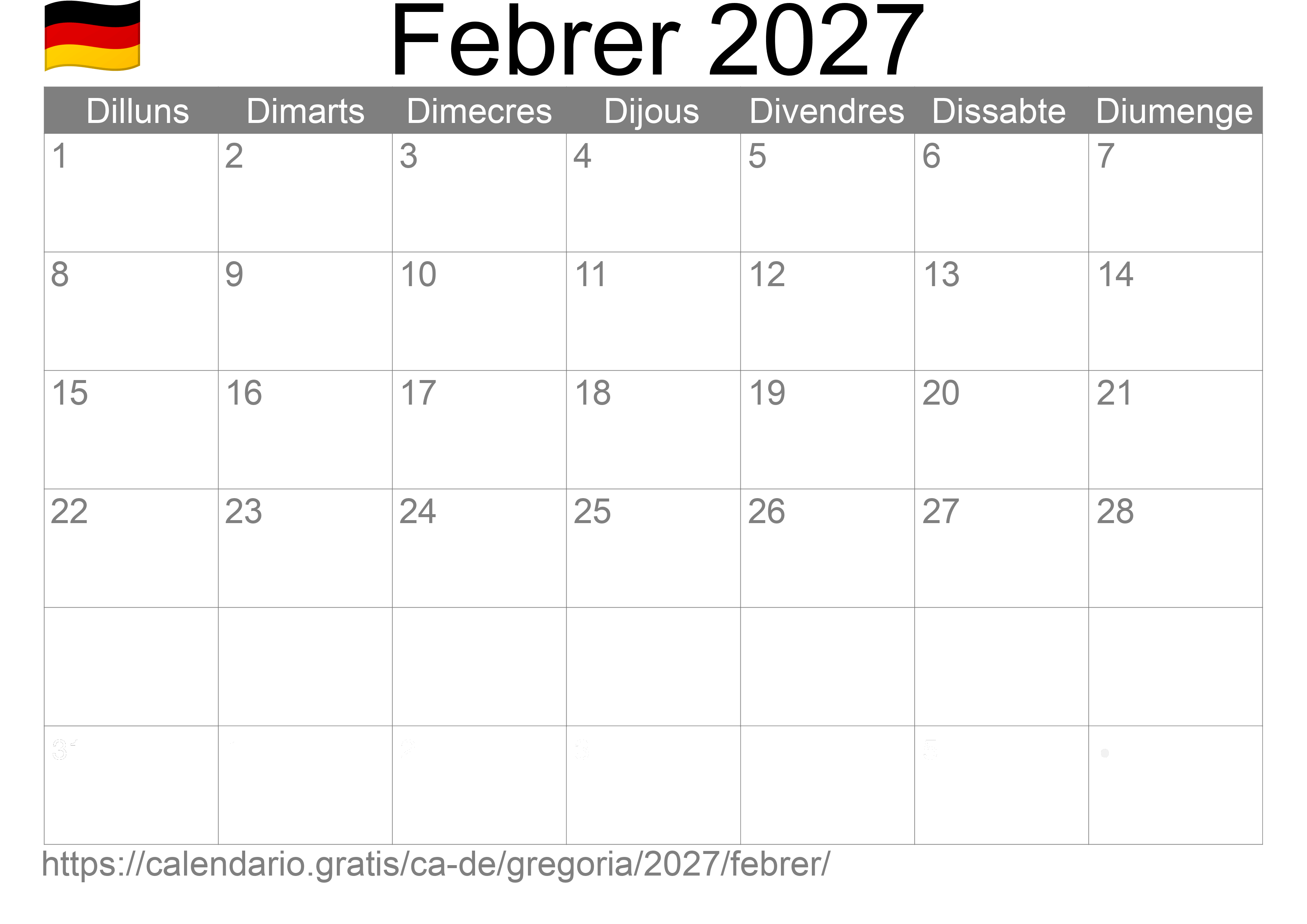 Calendari Febrer 2027 per imprimir