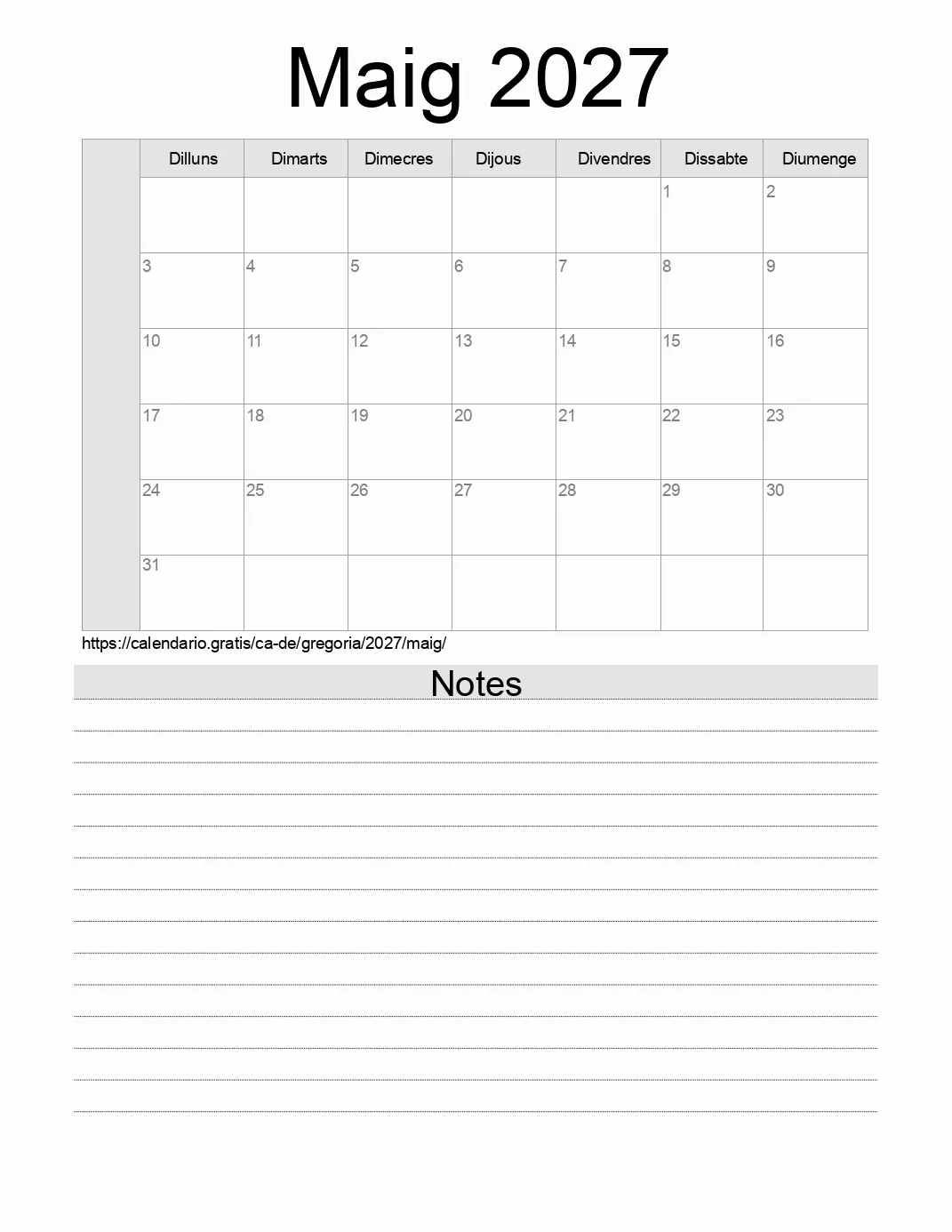 Calendari de Maig 2027 per imprimir amb notes. (Alemanya)