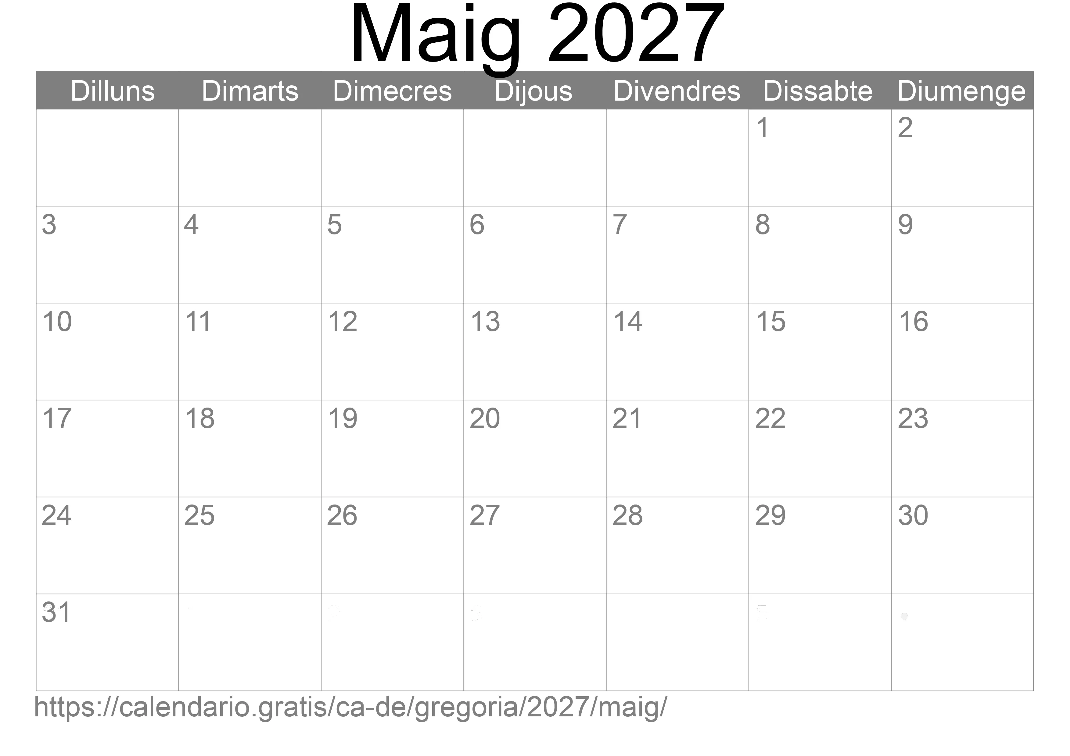 Calendari Maig 2027 per imprimir (Alemanya)