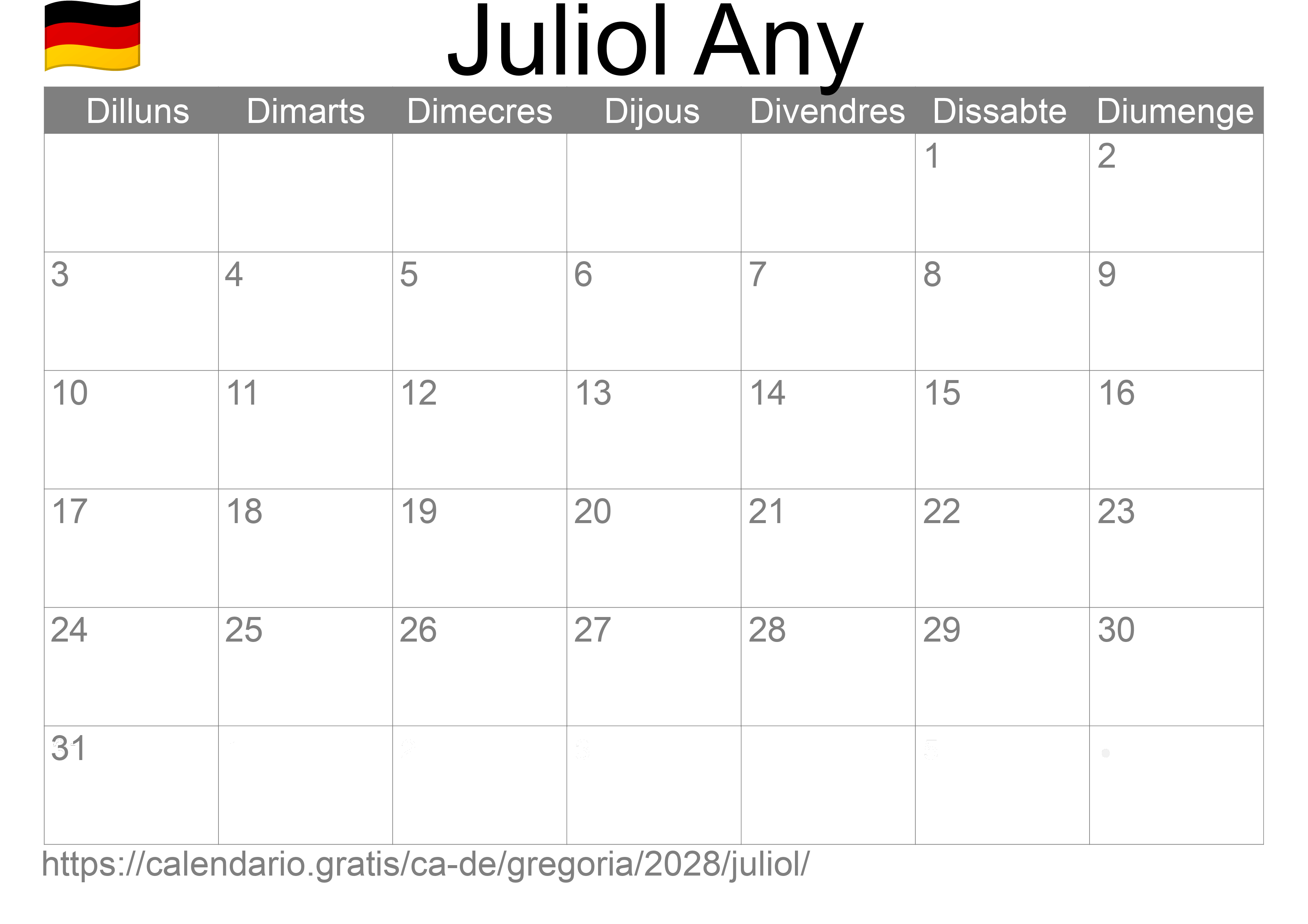 Calendari Juliol 2028 per imprimir