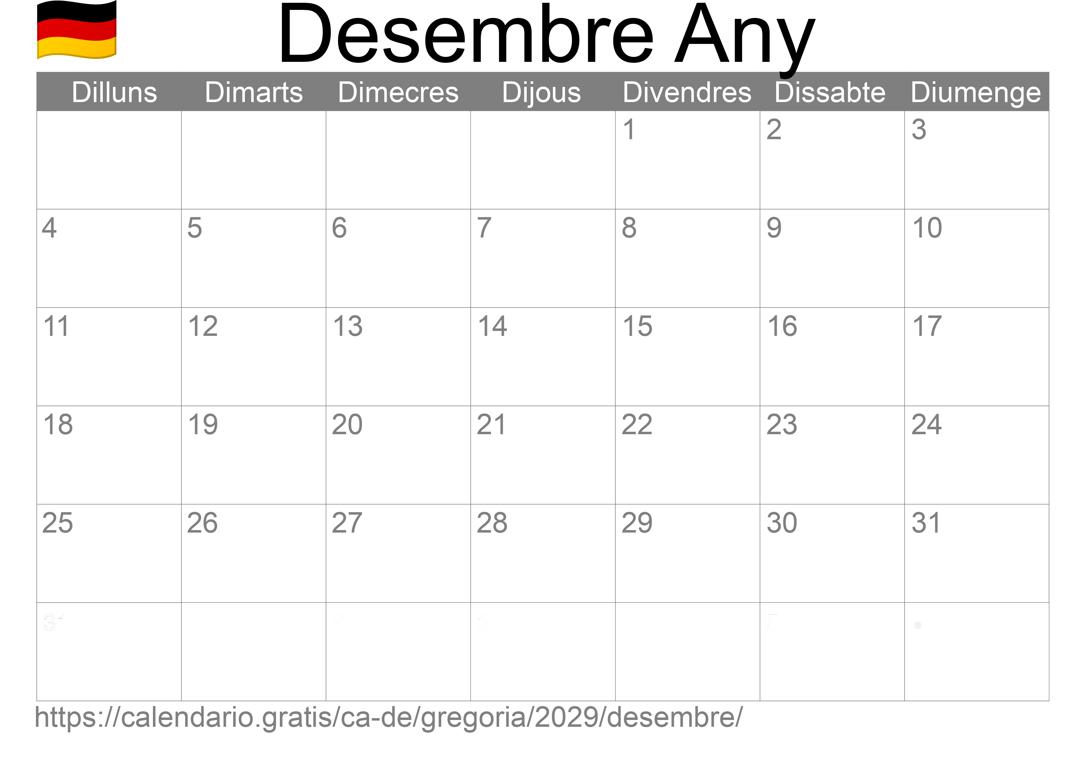 Calendari Desembre 2029 per imprimir