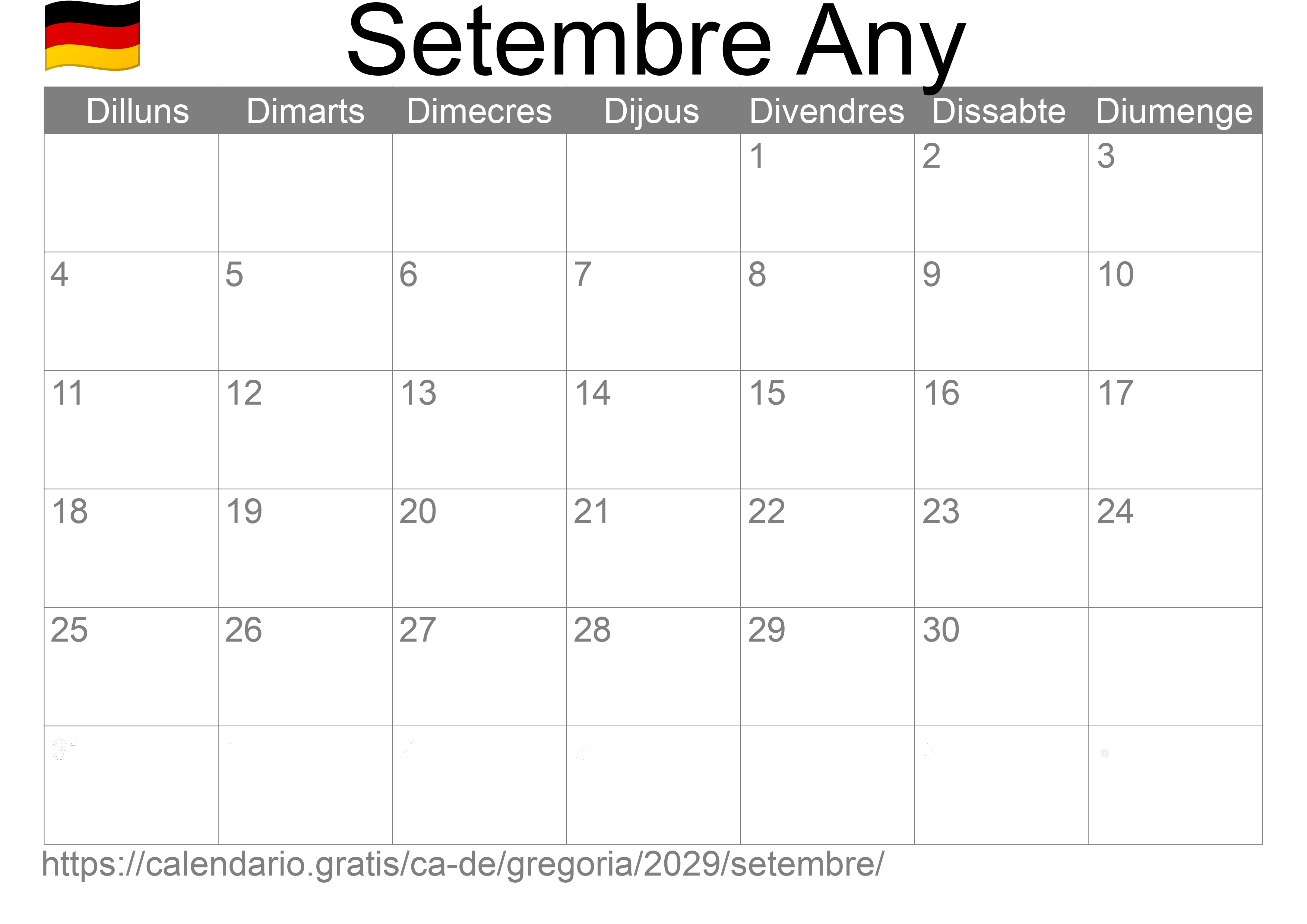 Calendari Setembre 2029 per imprimir