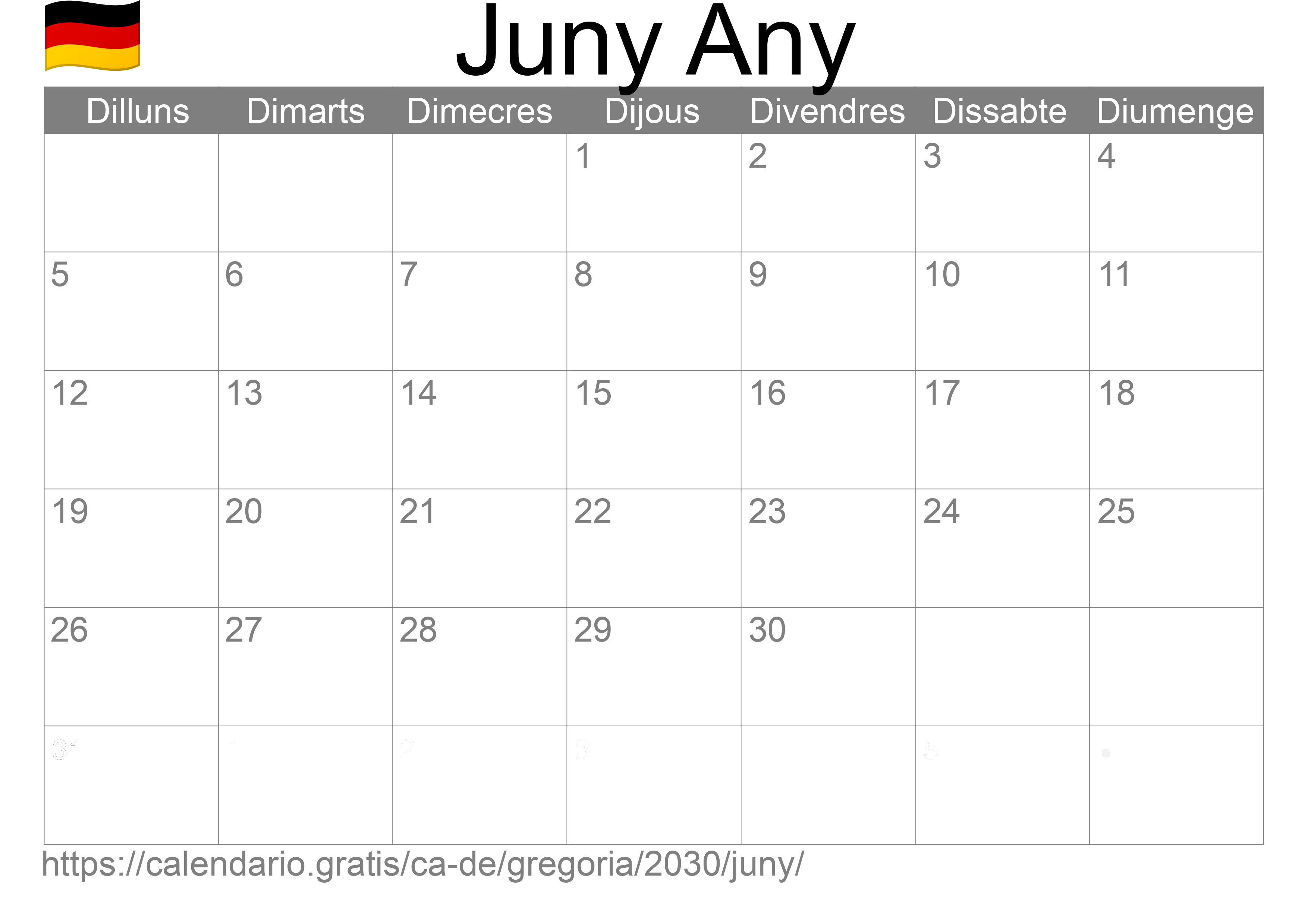 Calendari Juny 2030 per imprimir