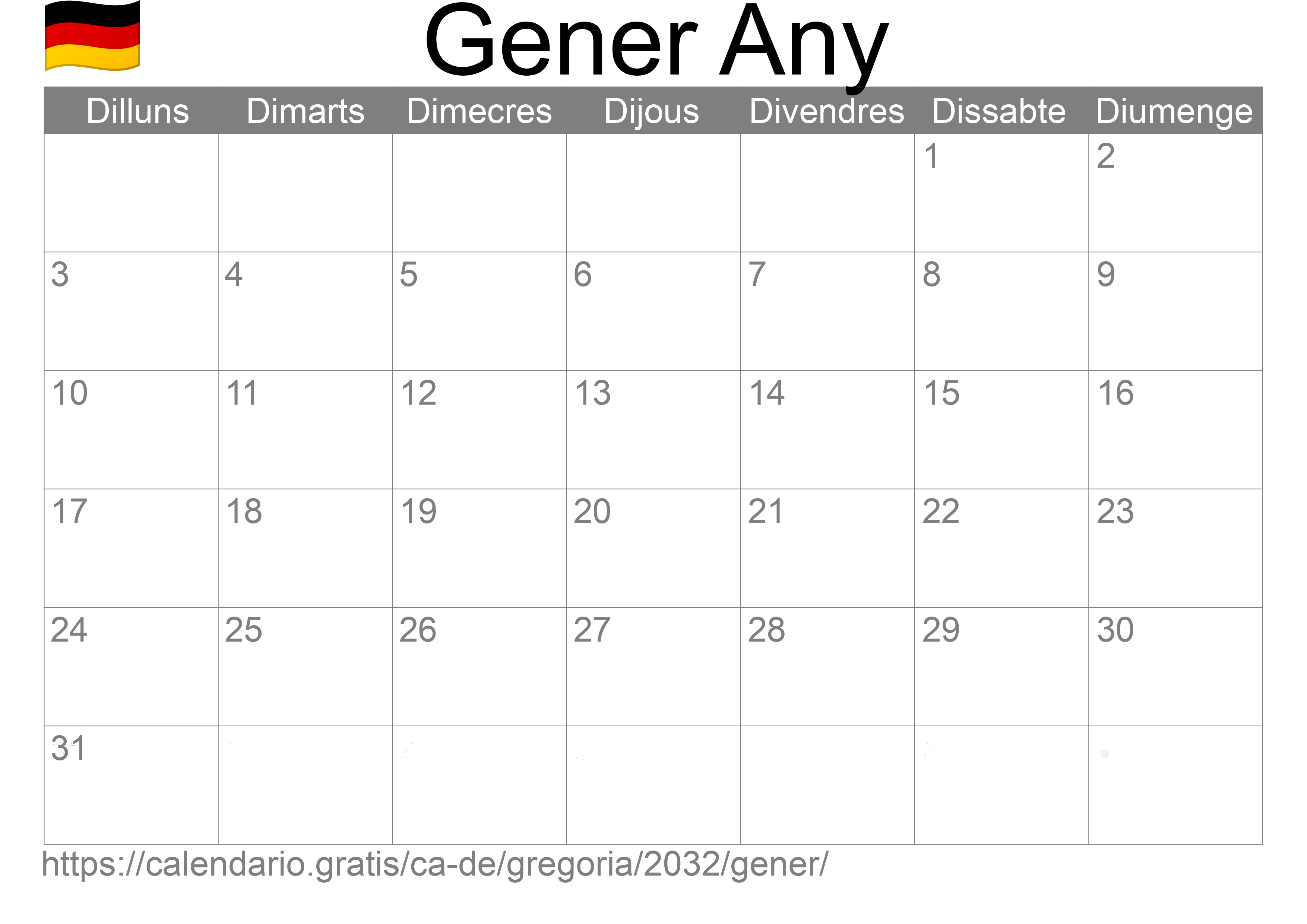 Calendari Gener 2032 per imprimir