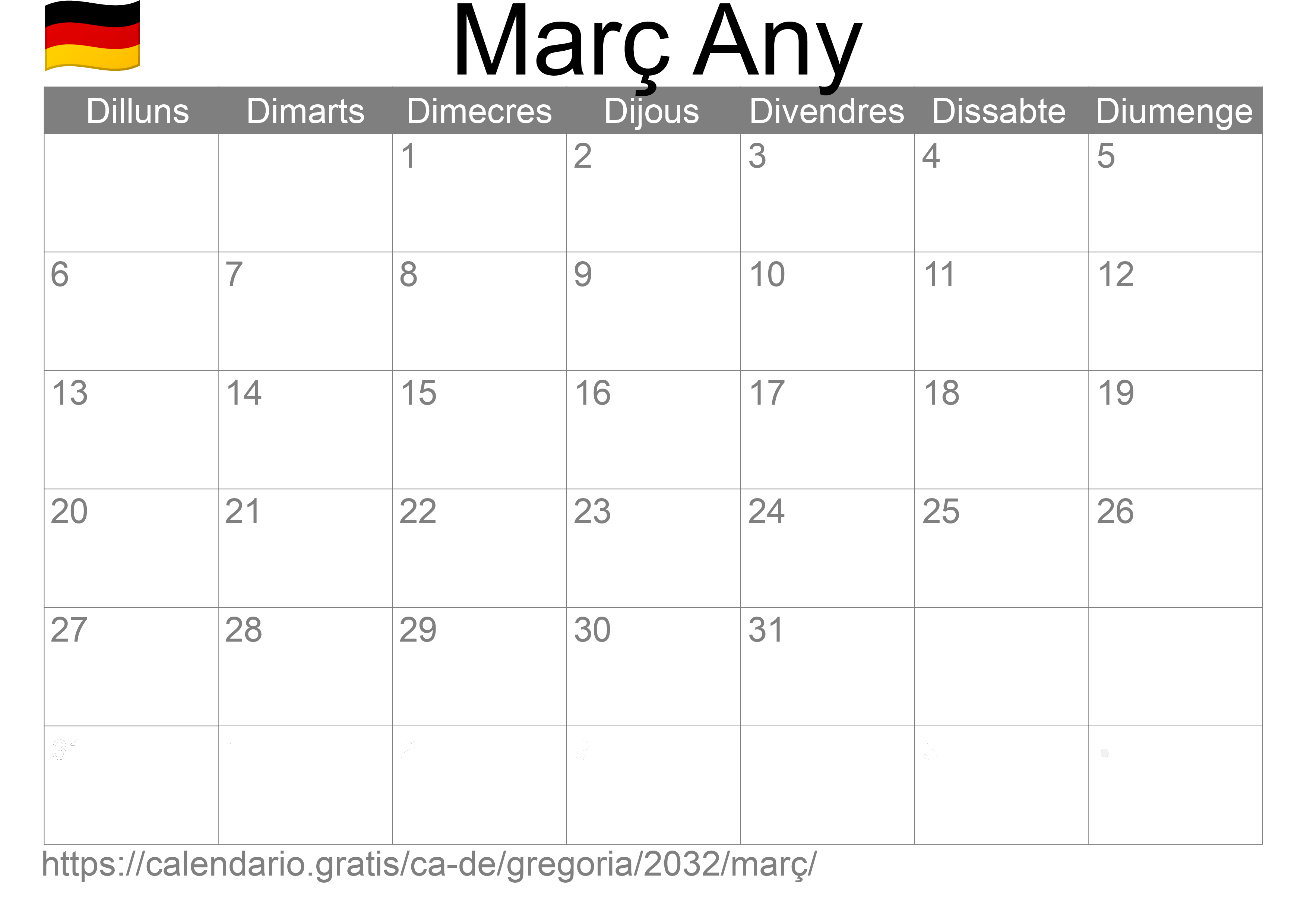 Calendari Març 2032 per imprimir