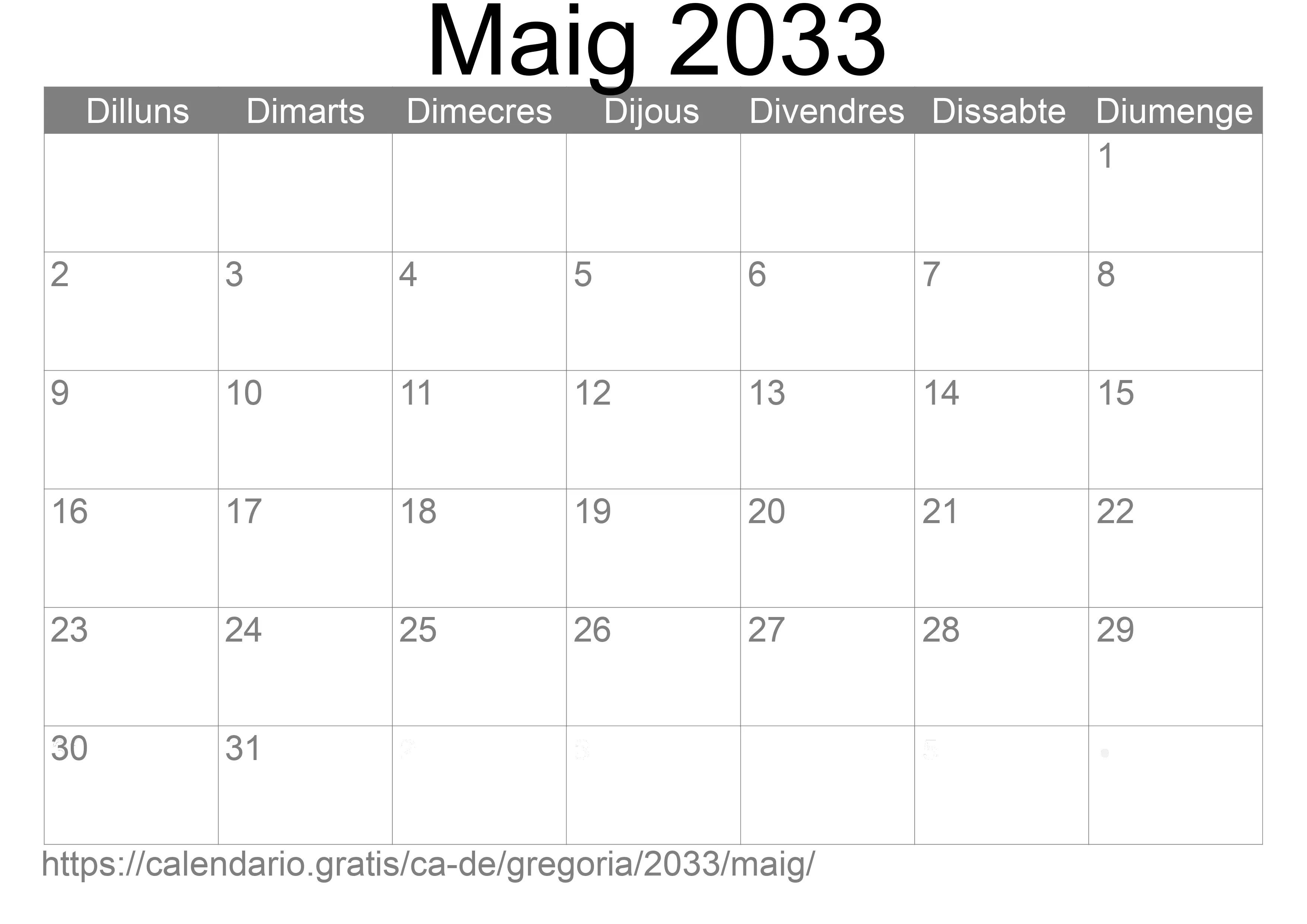 Calendari Maig 2033 per imprimir (Alemanya)